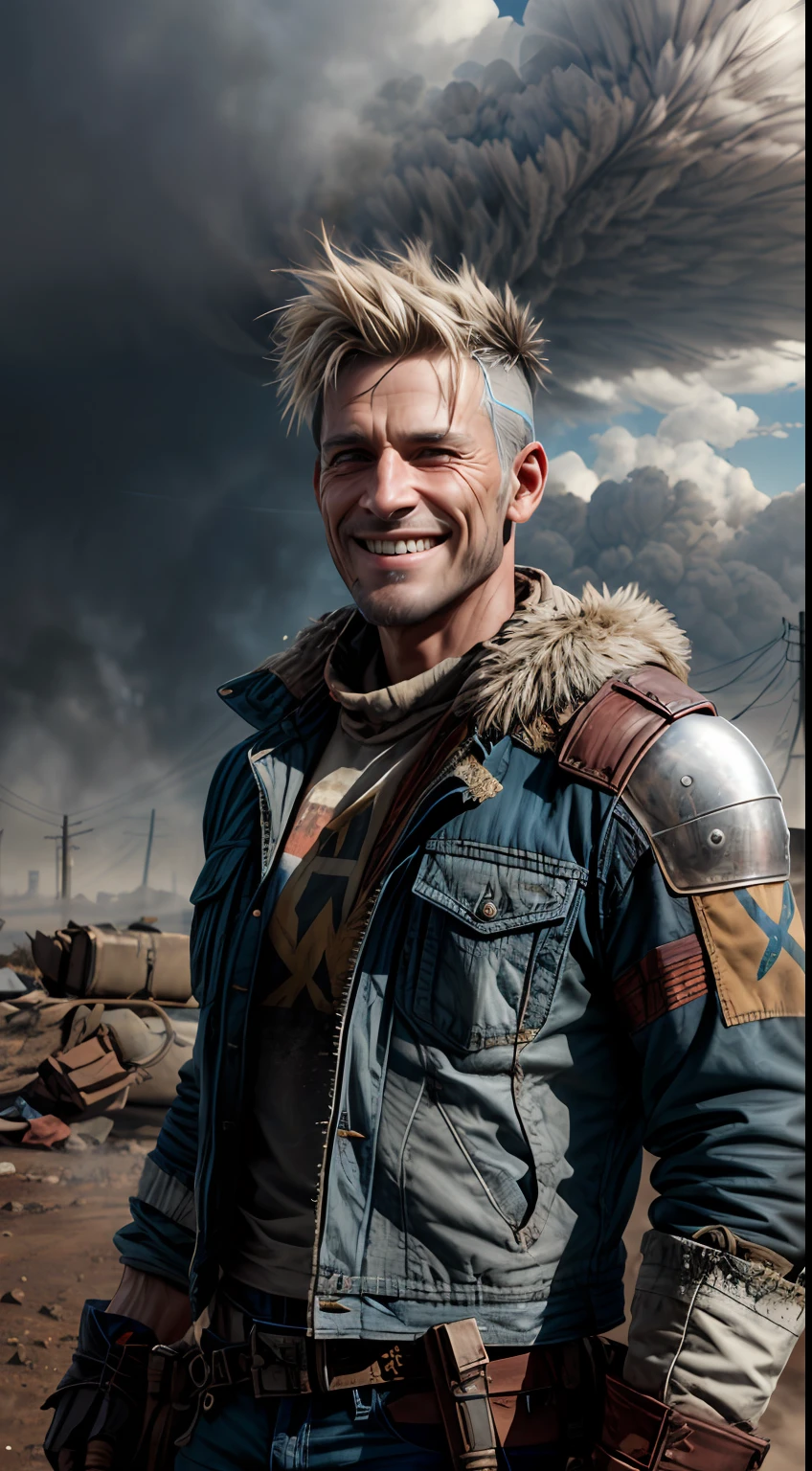 A Punk from the Wasteland stands in the middle of the Wasteland (((portraite of a, a closeup of a, Smiling))), engulfed in swirling dust storms. The camera zooms in on a man, capturing the intensity in his eyes, when he looks into the distance. The details of his weathered clothes and makeshift armor become clearer with each zoom, Patchwork quilt made of materials, sewn together. When the zoom reaches its peak, The focus shifts to his hands, who hold disposed weapons in their hands, demonstration of the character's resourcefulness and survival skills. The hint is implemented in the style of 3D sculpture, Using a combination of modeling and texturing techniques to bring the character and environment to life.