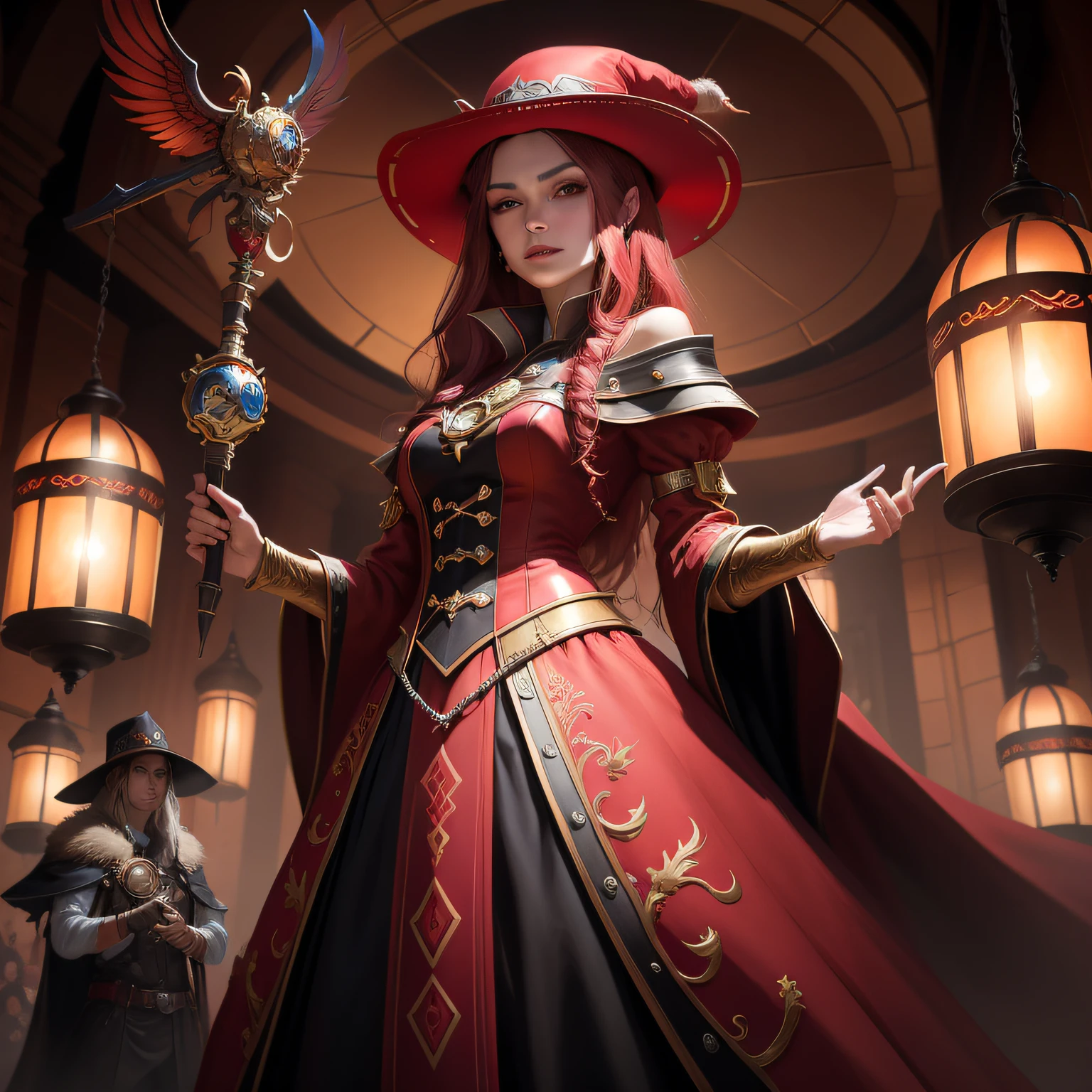 A woman in a red dress and a red hat, Portrait of a female mage by Ross Tran, Showcasing Kusart Krenz's key artistic feminine style, Incorporating Julie Bell Bipple's artistic germ, Similar to the style of Ross Chen and Volop, Combined with WLOP and Sakimichan's painting style, With elements of the Alexandra Formina Art Station, Create the portrait of the mage Flopros。