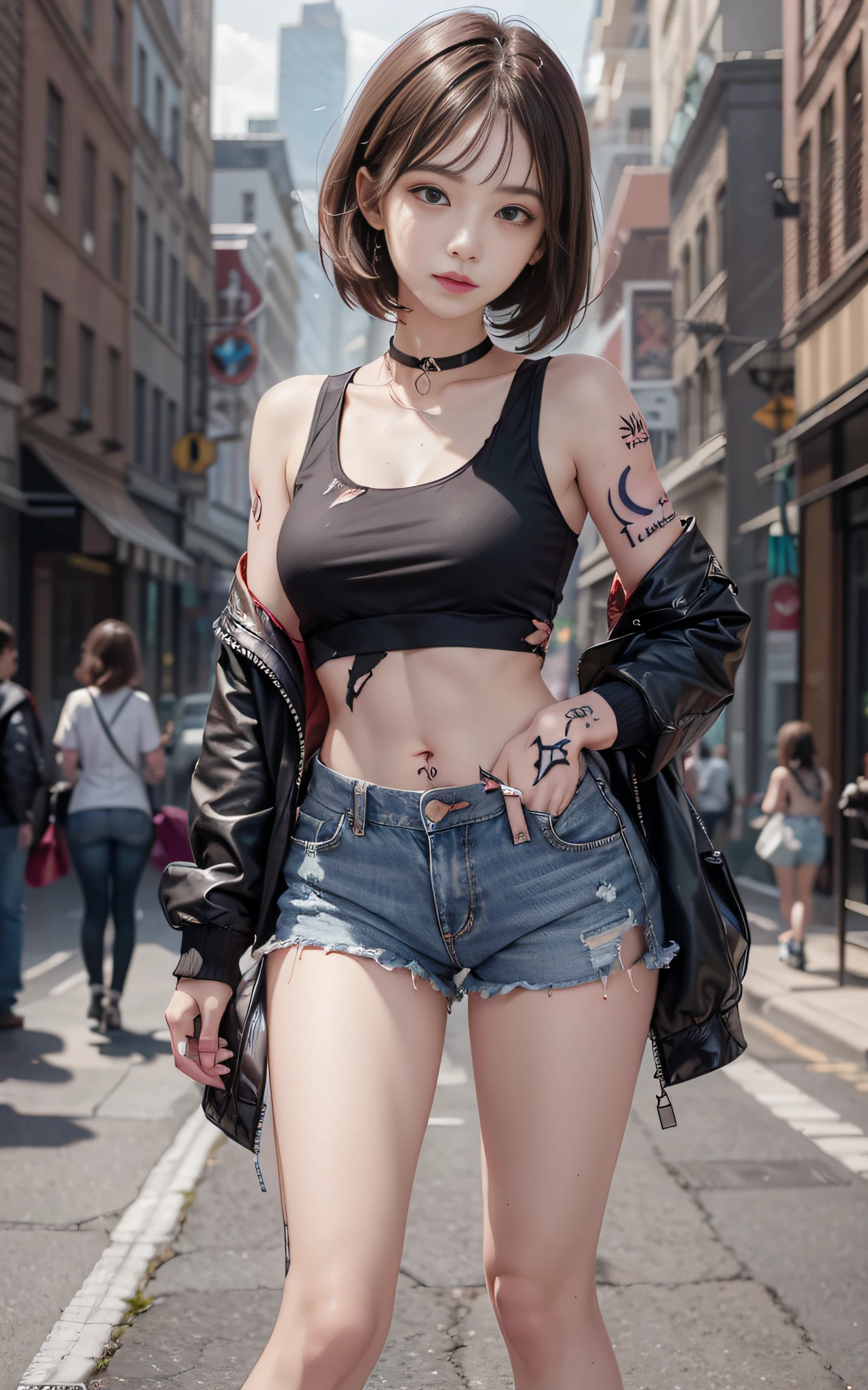 ((medium breast, tomboy girls, small head)),  (chiseled abs : 1.1), (perfect body : 1.1), (short wavy hair : 1.2) , auburn hair, collar, chain, full body shot, crowded street, wearing tanktop, jeans jacket, (torn clothes:1.3)((shorts)), (extremely detailed CG 8k wallpaper), (an extremely delicate and beautiful), (masterpiece), (best quality:1.0), (ultra highres:1.0),  beautiful lighting ,perfect lightning, realistic shadows, [highres], detailed skin, ultra-detailed (((colorful))),(tattoo all:1.5),