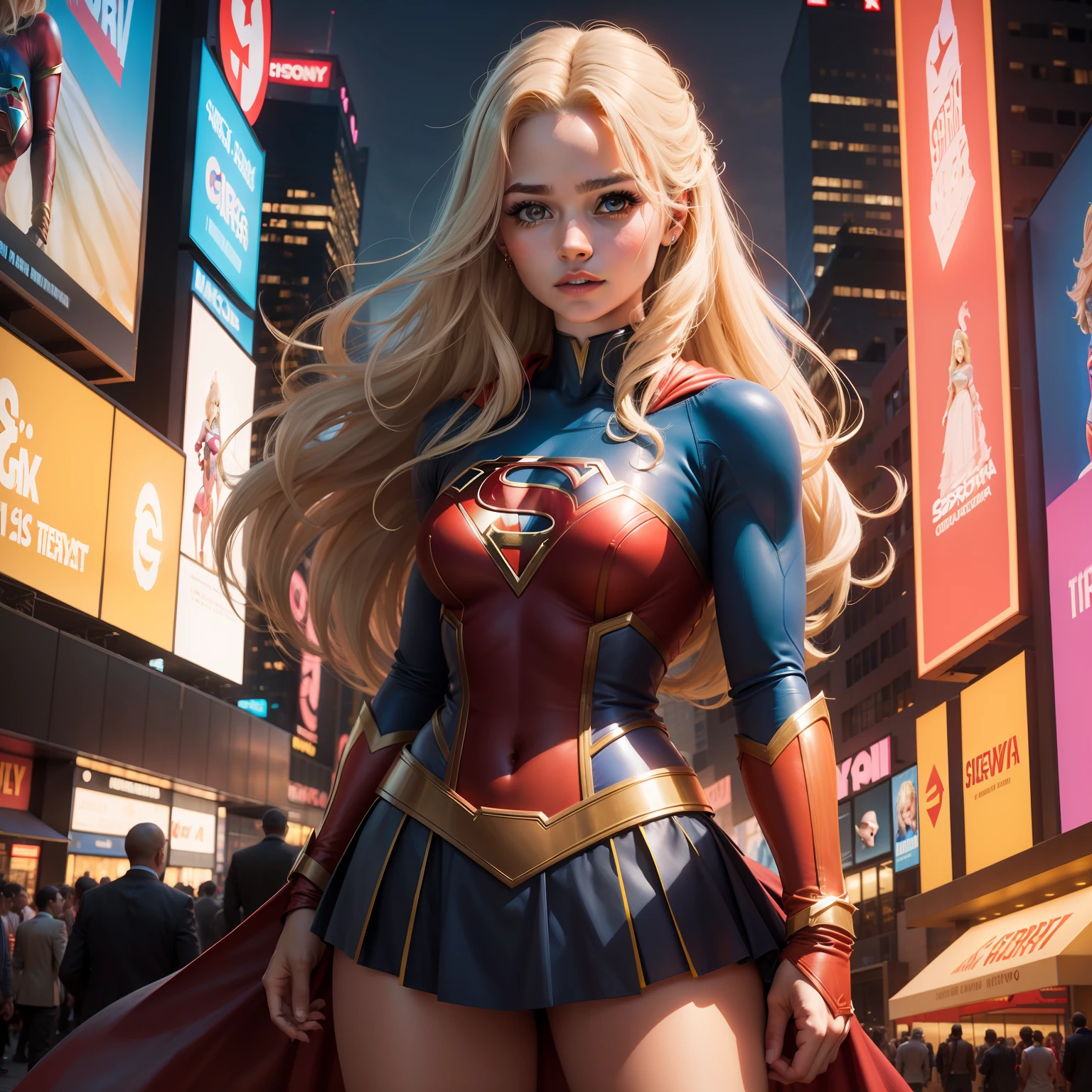 na Cidade de nova york, time square, Mulher bonita cabelo curto corpo definido seios grandes, vestindo cosplay de Supergirl