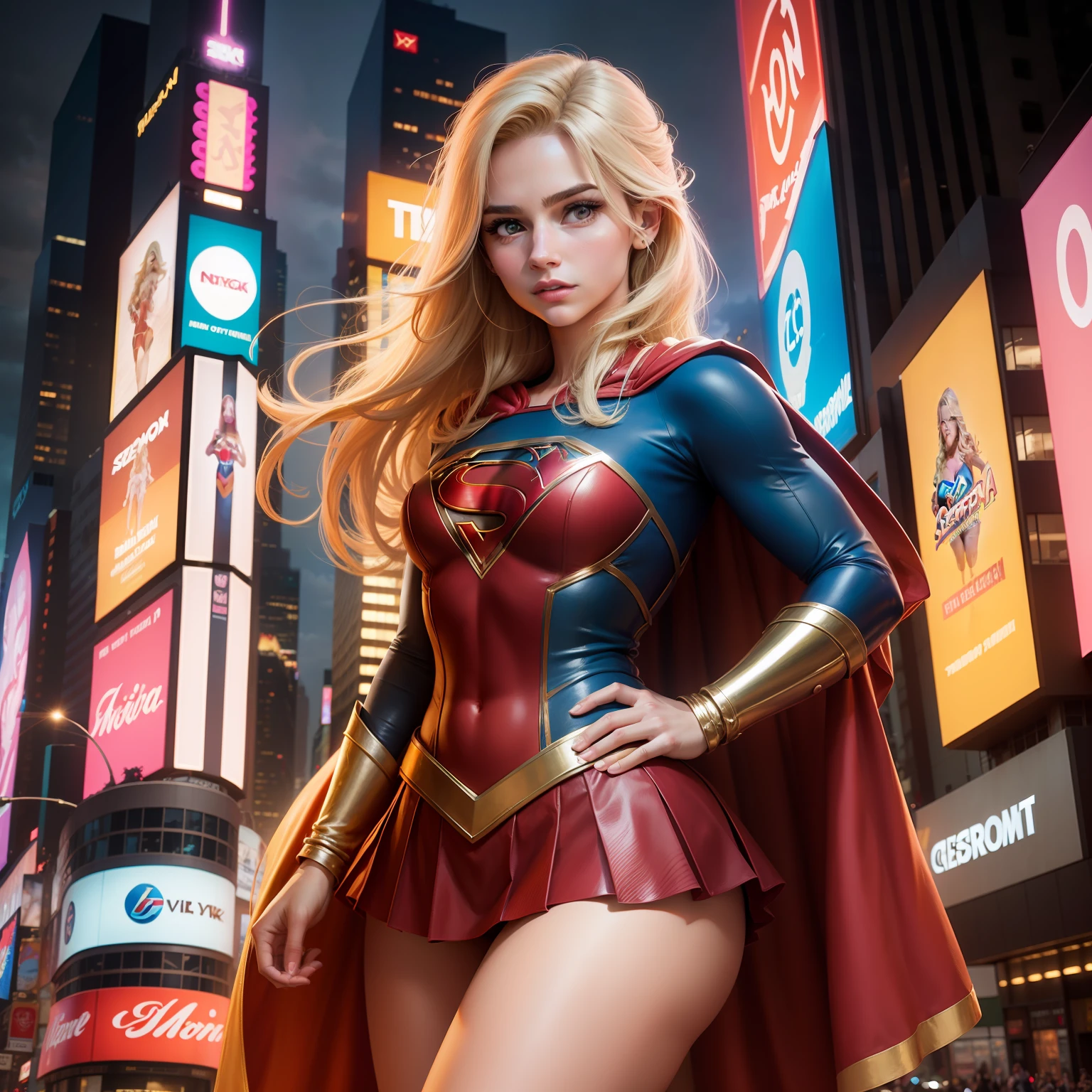na Cidade de nova york, time square, Mulher bonita cabelo curto corpo definido seios grandes, vestindo cosplay de Supergirl