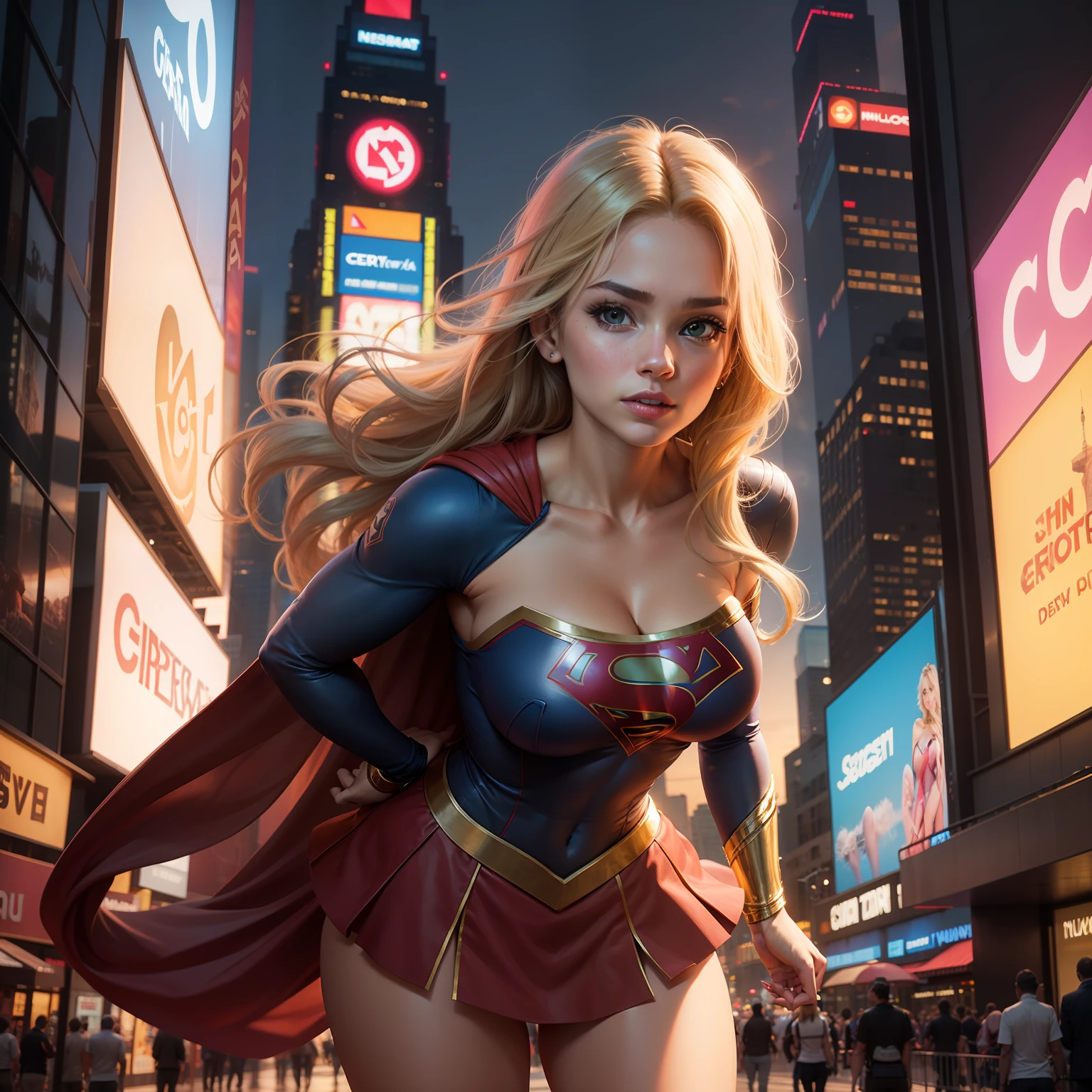 na Cidade de nova york, time square, Mulher bonita cabelo curto corpo definido seios grandes, vestindo cosplay de Supergirl