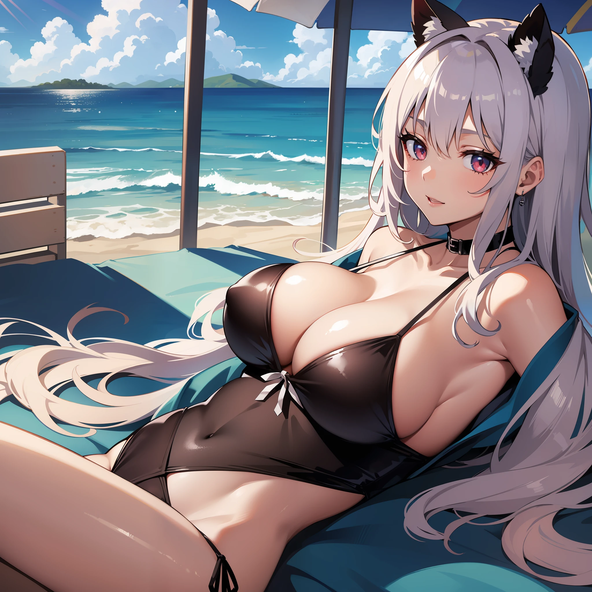 long crimson hair, silver eyes, black bikini, beach, large soft breast, blue sky