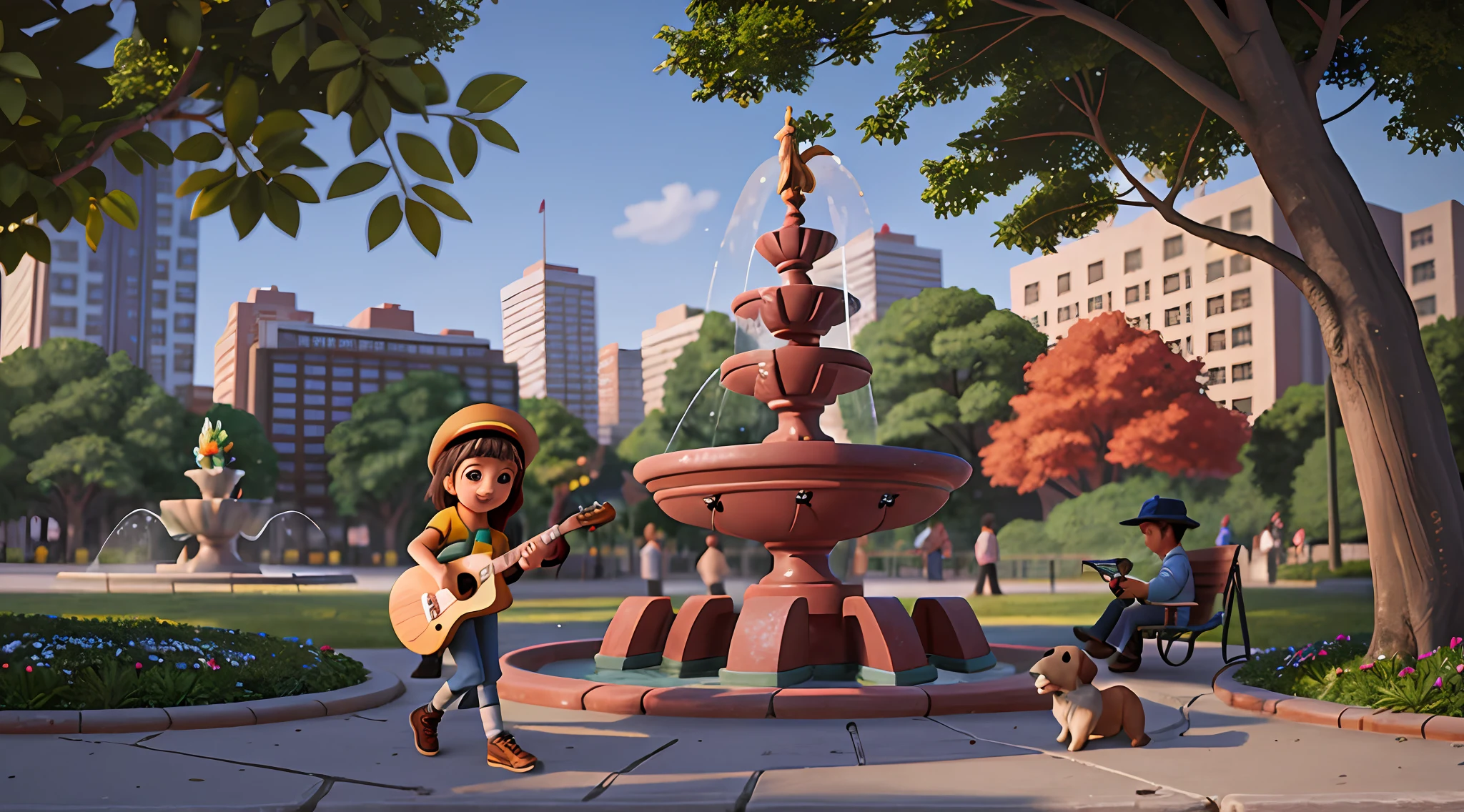 detailed game art illustration，in the afternoon，Sunlight falls on the ground through gaps between the trees,There is a musical fountain park around the corner，(There is a young girl in casual clothes in the park)，A man in a hat sits on a park bench reading a newspaper，(There was a dog listening to the girl playing the guitar)，{{o cachorrinho}}，[The fountain glows in the sun]，[Some pedestrians]，[Hip hop dancing ]，[There are middle-aged people laughing and laughing with friends]，[[A family of three taking photos in the distance]]，[[[High-rise residential]]]，cartoonish style, People view，Atmosphere map，(The fountain is located in the visual center of the picture)，Natural soft light，（The fountain)，Accurate human body structure relationships，exquisite facial features，Complete hands，Correct dynamics