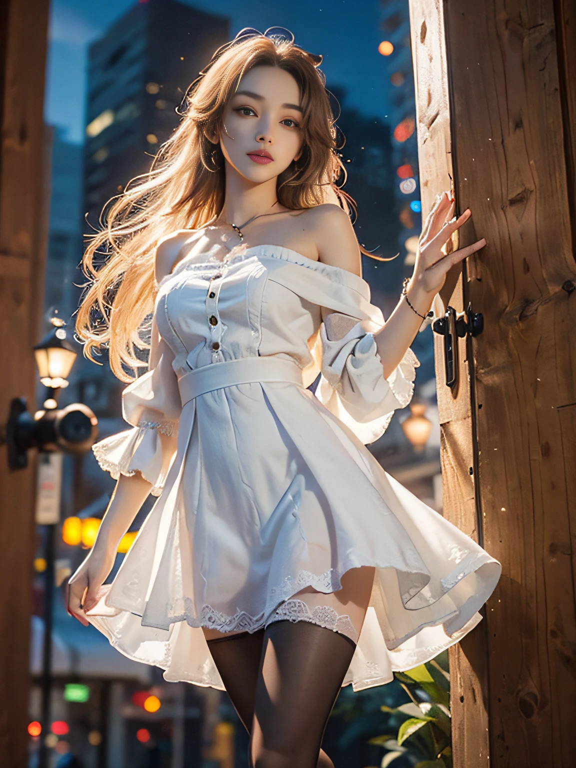 hdr（HighDynamicRange），Ray traching，NVIDIA ，Perfect image quality，Woman with long hair，Slim figure，S-curve，legs long，Raised sexy，Delicate facial features，tall nose bridge，Big eyes，White color hair，Mature woman，White sweater bandeau，Forest at night，rays of moonlight，nabel，good finger，perfect  eyes，cinematric light，Open your eyes slightly,Pantyhose,a white long skirt ，Sweet,blue hour,dress，（torn laundry：1.5）， （wetclothes：1.4）