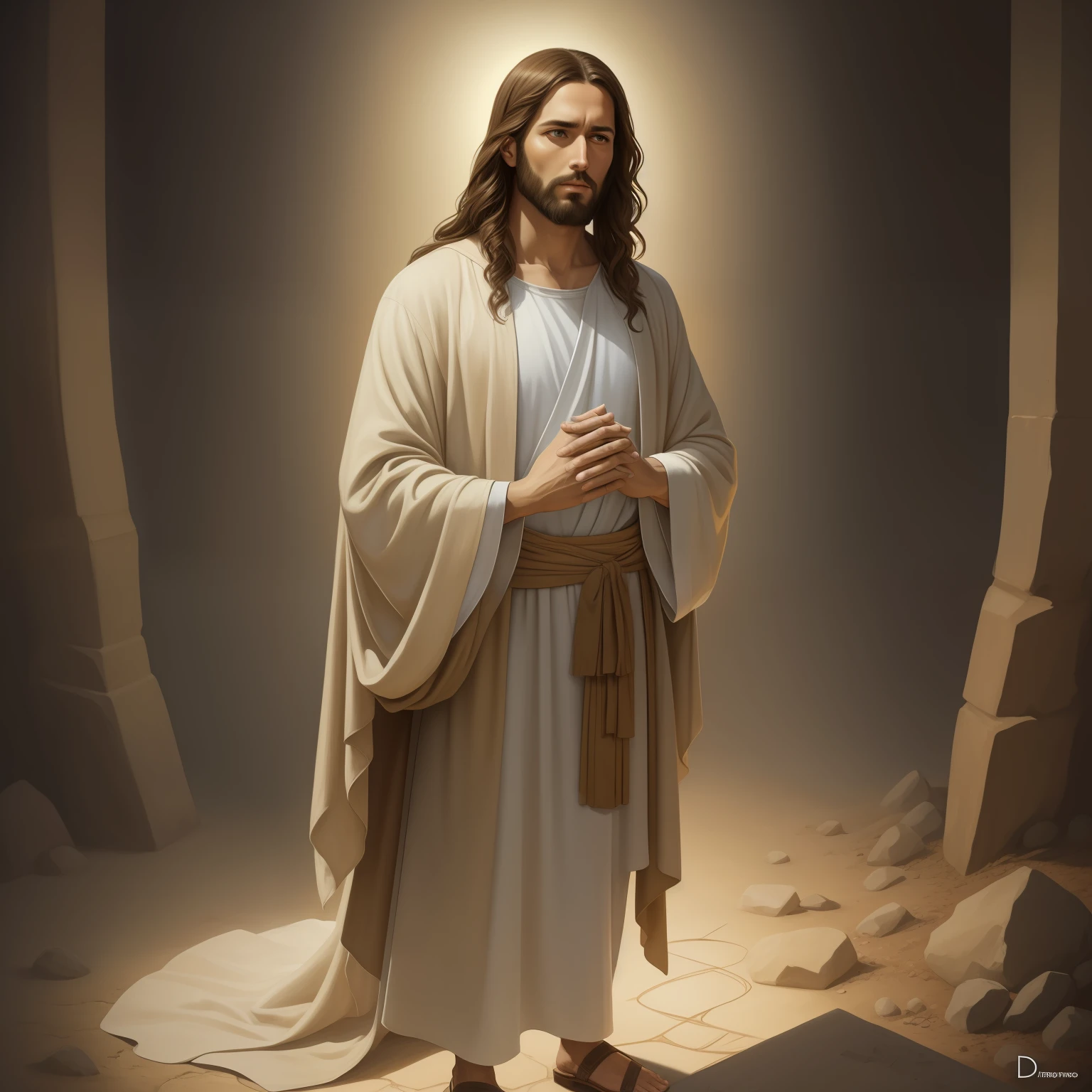 A beautiful ultra-thin realistic portrait of Jesus, the prophet, a man 33 years old Hebrew brunette, short brown hair, long brown beard, wearing long linen tunic closed on the chest part, in front view, full body, biblical, realistic,by Diego Velázquez,Peter Paul Rubens,Rembrandt,Alex Ross,8k, Concept Art, PhotoRealistic, Realistic, Illustration, Oil Painting, Surrealism, HyperRealistic, pray , Digital art, style, watercolor, natural background, Praying ( Blessing woman)