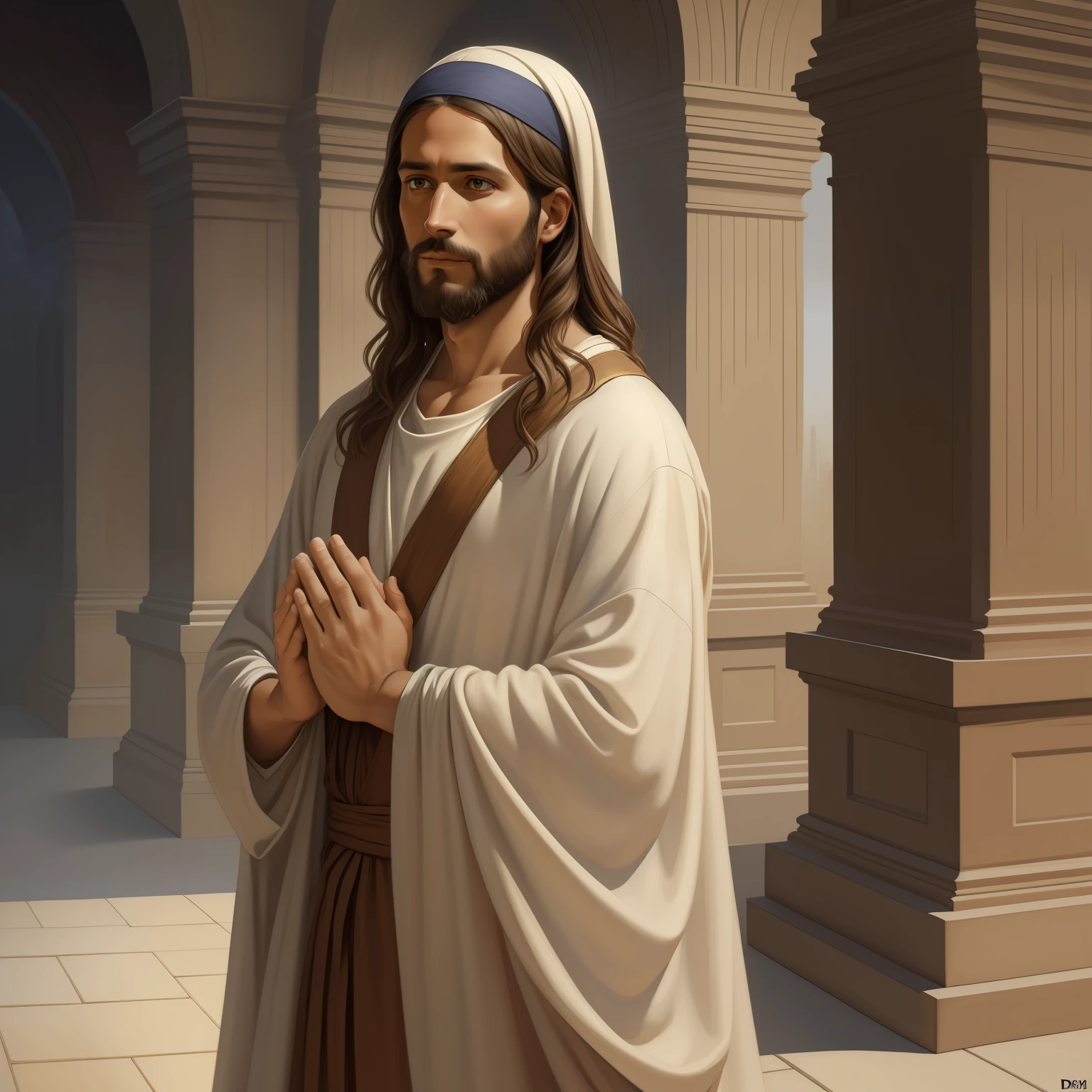 A beautiful ultra-thin realistic portrait of Jesus, the prophet, a man 33 years old Hebrew brunette, short brown hair, long brown beard, wearing long linen tunic closed on the chest part, in front view, full body, biblical, realistic,by Diego Velázquez,Peter Paul Rubens,Rembrandt,Alex Ross,8k, Concept Art, PhotoRealistic, Realistic, Illustration, Oil Painting, Surrealism, HyperRealistic, pray , Digital art, style, watercolor, natural background, Praying ( Blessing woman)