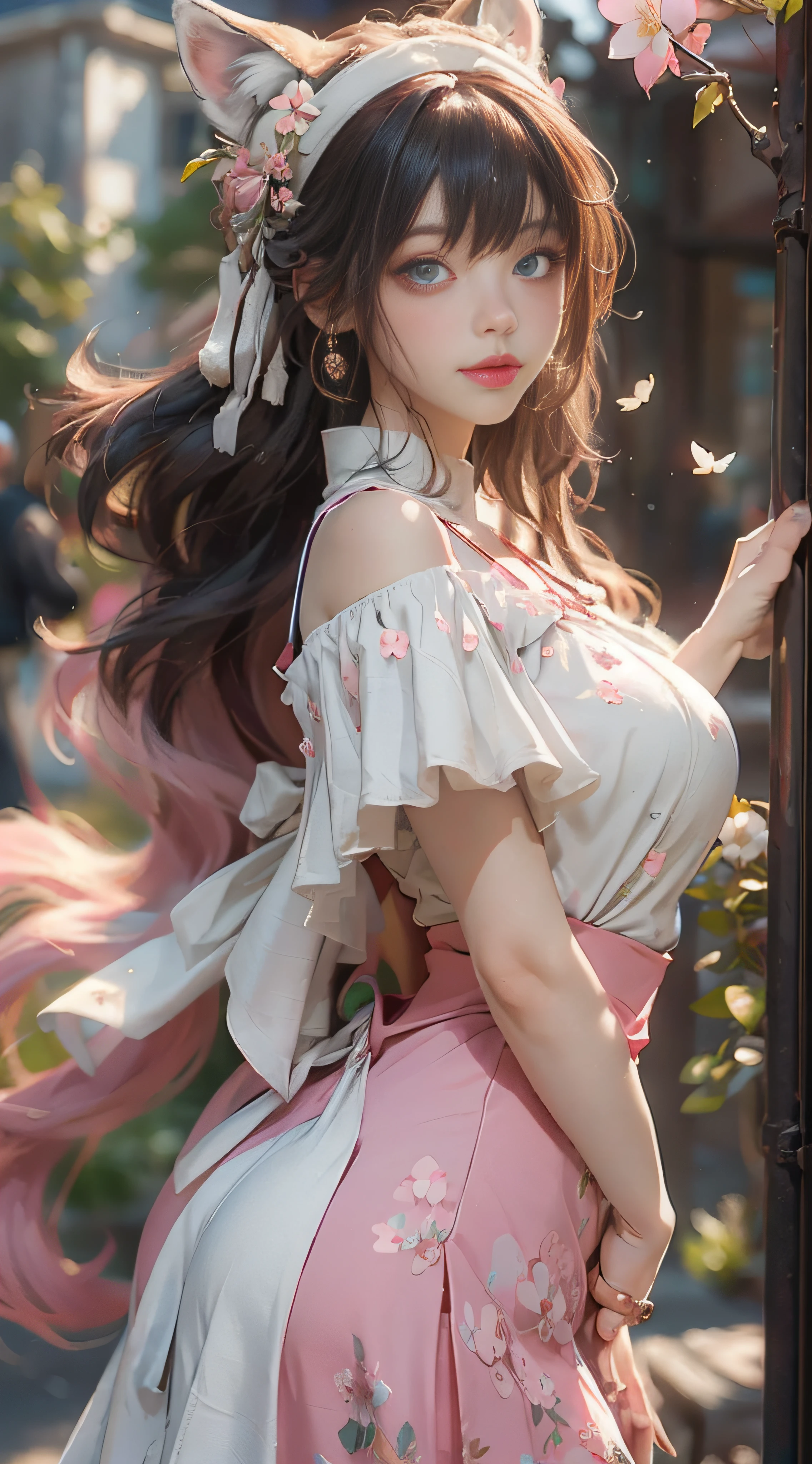 ((best qualtiy)), ((tmasterpiece)), (detail:1.4), Beautiful cyberpunk female images,hdr(HighDynamicRange),Ray traching,NVIDIA RTX,Hyper-Resolution,illusory 5,sub surface scattering,PBR textures,post-proces,Anisotropy Filtering,depth of fields,maximum definition and sharpness,Many-Layer Textures,Albedo e mapas Speculares,Surface coloring,Mitsu-Accurate simulation of material interactions,perfectly proportioned,rendering by octane,Two-colored light,largeaperture,Low ISO,White balance,Rule three points、8K raw data、Beautiful bright blue pupils,off-the-shoulder clothes,Fine pupils,Delicate face and eyes,long eyelasher,Blushlush,Delicate and fluffy hair,pink lip,Pure,Cute face,Sweet girl,Artistic sense,Casual wear,Advancedsense,butterflys,Cherry blossom petal,Beautiful hair accessories,Long hair and waist,Hair fluttering in the wind,Snow-white fox ears,curlies,Snow-white fluffy tail,Positive light,The light from the back window is backlighted