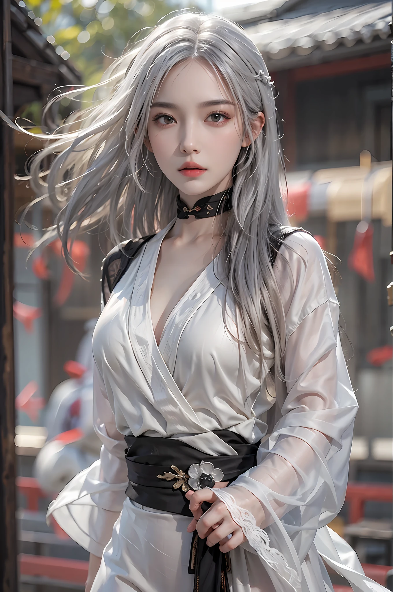 photorealistic, high resolution, 1 women, solo, hips up, look at viewer, (detailed face), white hair, long hair, medium breasts, black kungfu clothes