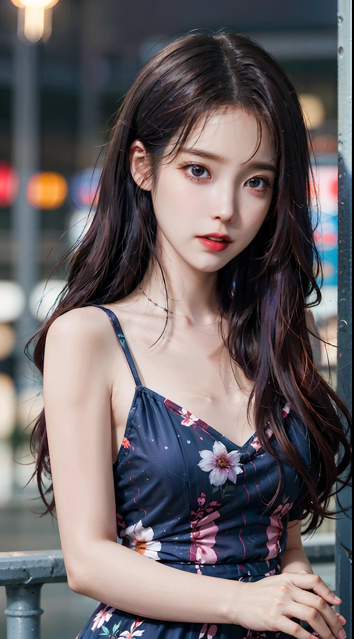 1 giỉl take selfies, thin Floral chiffon long dress, street, absurdres, highres, upper body, galaxy multicolored hair in new york city at night with orange fog, professional lighting, photon mapping,