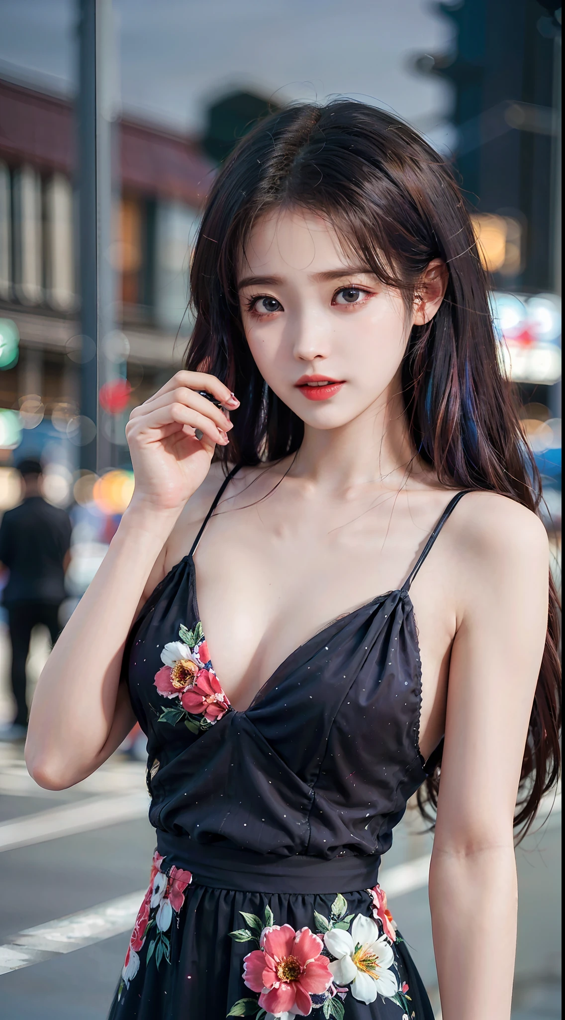 1 giỉl take selfies, thin Floral chiffon long dress, street, absurdres, highres, upper body, galaxy multicolored hair in new york city at night with orange fog, professional lighting, photon mapping,