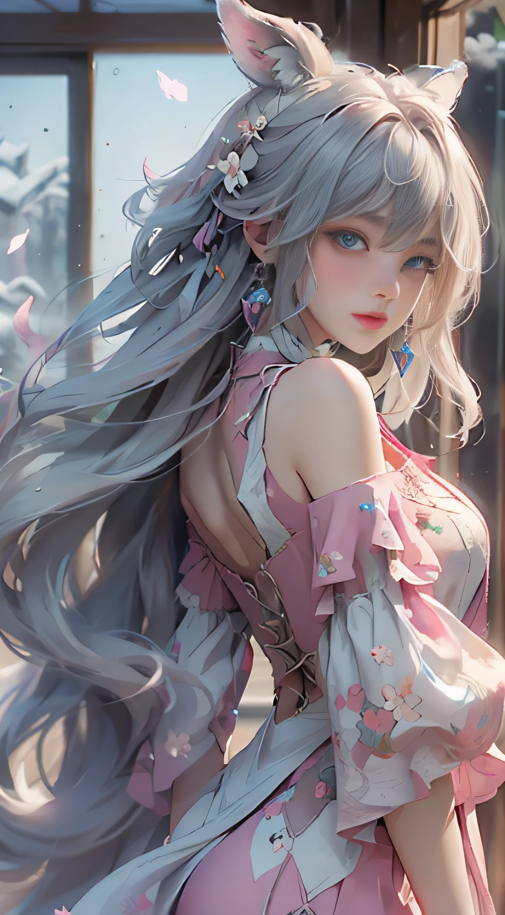 ((best qualtiy)), ((tmasterpiece)), (detail:1.4), Beautiful cyberpunk female images,hdr(HighDynamicRange),Ray traching,NVIDIA RTX,Hyper-Resolution,illusory 5,sub surface scattering,PBR textures,post-proces,Anisotropy Filtering,depth of fields,maximum definition and sharpness,Many-Layer Textures,Albedo e mapas Speculares,Surface coloring,Mitsu-Accurate simulation of material interactions,perfectly proportioned,rendering by octane,Two-colored light,largeaperture,Low ISO,White balance,Rule three points、8K raw data、Beautiful bright blue pupils,off-the-shoulder clothes,Fine pupils,Delicate face and eyes,long eyelasher,Blushlush,Delicate and fluffy hair,pink lip,Pure,Cute face,Sweet girl,Artistic sense,Casual wear,Advancedsense,butterflys,Cherry blossom petal,Beautiful hair accessories,Long hair and waist,Hair fluttering in the wind,Snow-white fox ears,curlies,Snow-white fluffy tail,Positive light,The light from the back window is backlighted