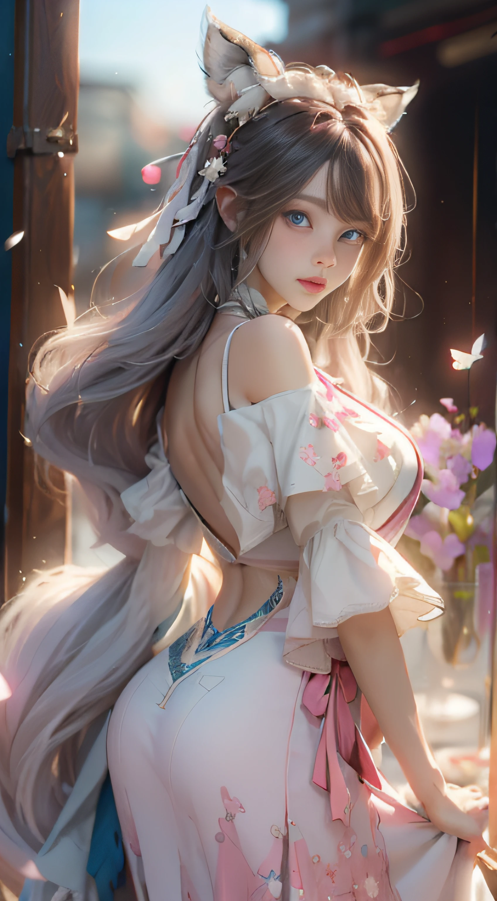 ((best qualtiy)), ((tmasterpiece)), (detail:1.4), Beautiful cyberpunk female images,hdr(HighDynamicRange),Ray traching,NVIDIA RTX,Hyper-Resolution,illusory 5,sub surface scattering,PBR textures,post-proces,Anisotropy Filtering,depth of fields,maximum definition and sharpness,Many-Layer Textures,Albedo e mapas Speculares,Surface coloring,Mitsu-Accurate simulation of material interactions,perfectly proportioned,rendering by octane,Two-colored light,largeaperture,Low ISO,White balance,Rule three points、8K raw data、Beautiful bright blue pupils,off-the-shoulder clothes,Fine pupils,Delicate face and eyes,long eyelasher,Blushlush,Delicate and fluffy hair,pink lip,Pure,Cute face,Sweet girl,Artistic sense,Casual wear,Advancedsense,butterflys,Cherry blossom petal,Beautiful hair accessories,Long hair and waist,Hair fluttering in the wind,Snow-white fox ears,curlies,Snow-white fluffy tail,Positive light,The light from the back window is backlighted