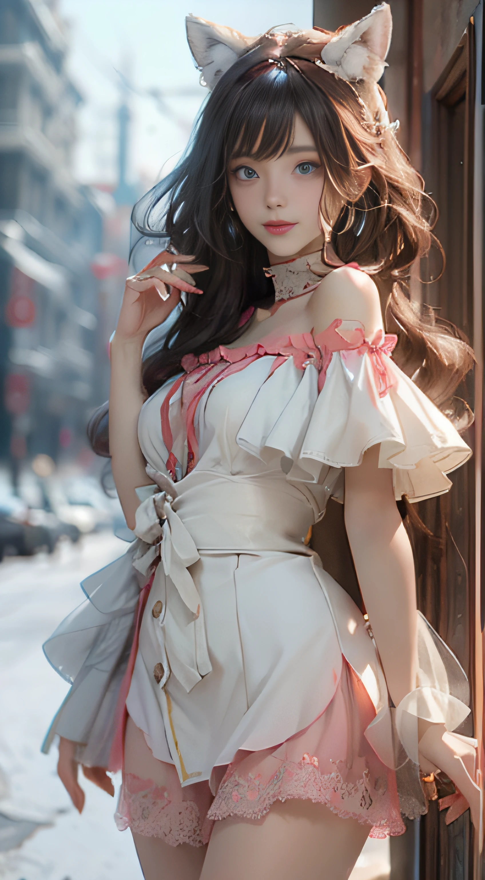 ((best qualtiy)), ((tmasterpiece)), (detail:1.4), Beautiful cyberpunk female images,hdr(HighDynamicRange),Ray traching,NVIDIA RTX,Hyper-Resolution,illusory 5,sub surface scattering,PBR textures,post-proces,Anisotropy Filtering,depth of fields,maximum definition and sharpness,Many-Layer Textures,Albedo e mapas Speculares,Surface coloring,Mitsu-Accurate simulation of material interactions,perfectly proportioned,rendering by octane,Two-colored light,largeaperture,Low ISO,White balance,Rule three points、8K raw data、Beautiful bright blue pupils,off-the-shoulder clothes,Fine pupils,Delicate face and eyes,long eyelasher,Blushlush,Delicate and fluffy hair,pink lip,Pure,Cute face,Sweet girl,Artistic sense,Casual wear,Advancedsense,butterflys,Cherry blossom petal,Beautiful hair accessories,Long hair and waist,Hair fluttering in the wind,Snow-white fox ears,curlies,Snow-white fluffy tail,Positive light,The light from the back window is backlighted
