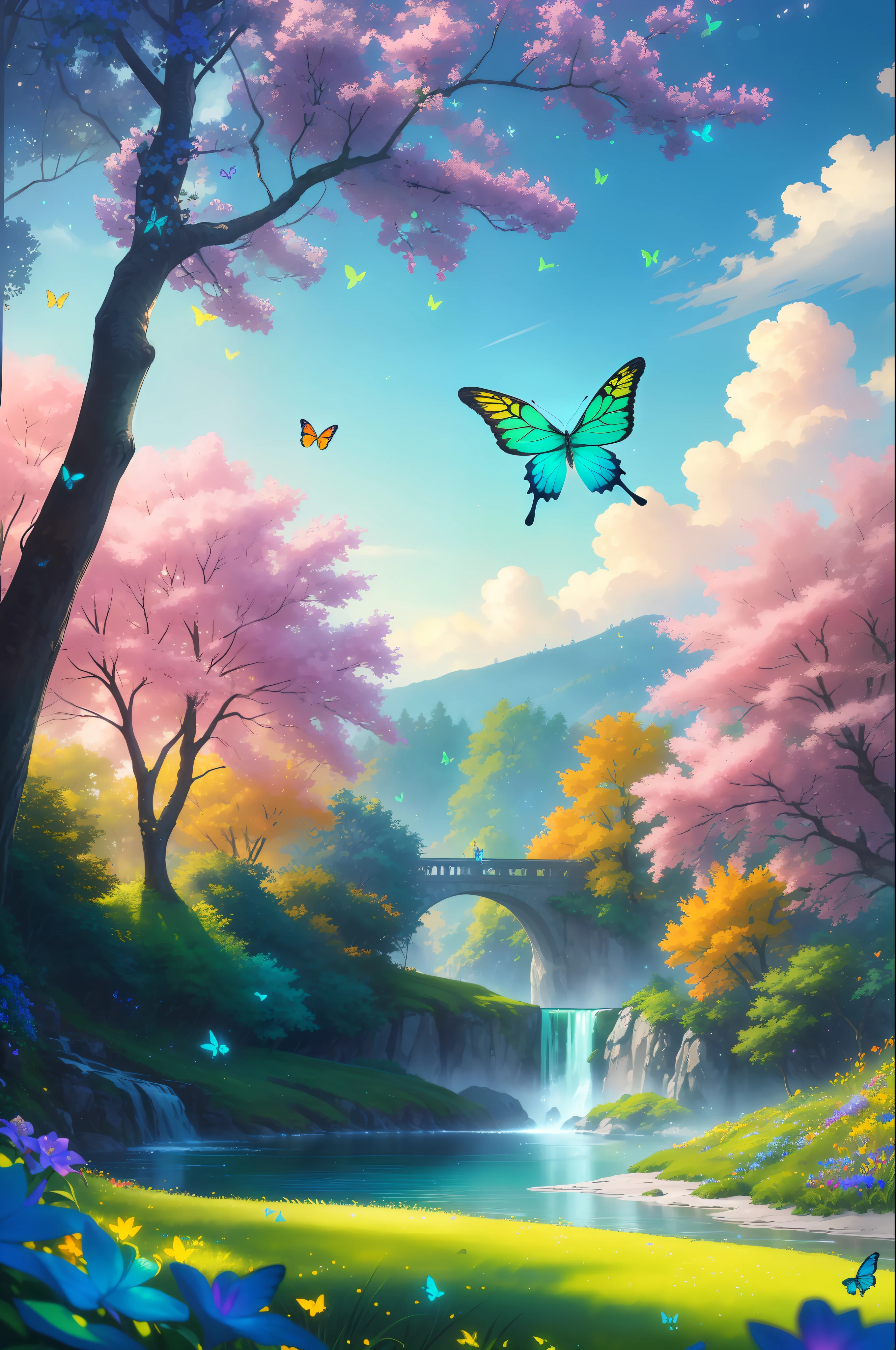 masterpiece, best quality, high quality, extremely detailed cg unity 8k wallpaper, )an extremely colorful and purely fantasy environment with vibrant hues and a bright sky), landscape of bright green grass, colorful trees, glittering fruits, and bright blue flowers, (the streams are a deep shade of blue green), and the air is filled with sweet exotic scents, (the environment appears to be taken out of a dream), with luminescent butterflies and giant colorful birds flying around, award winning photography, bokeh, depth of field, hdr, bloom, chromatic aberration, photorealistic:1.3, extremely detailed, trending on artstation, trending on cgsociety, intricate, high detail, dramatic, art by midjourney,