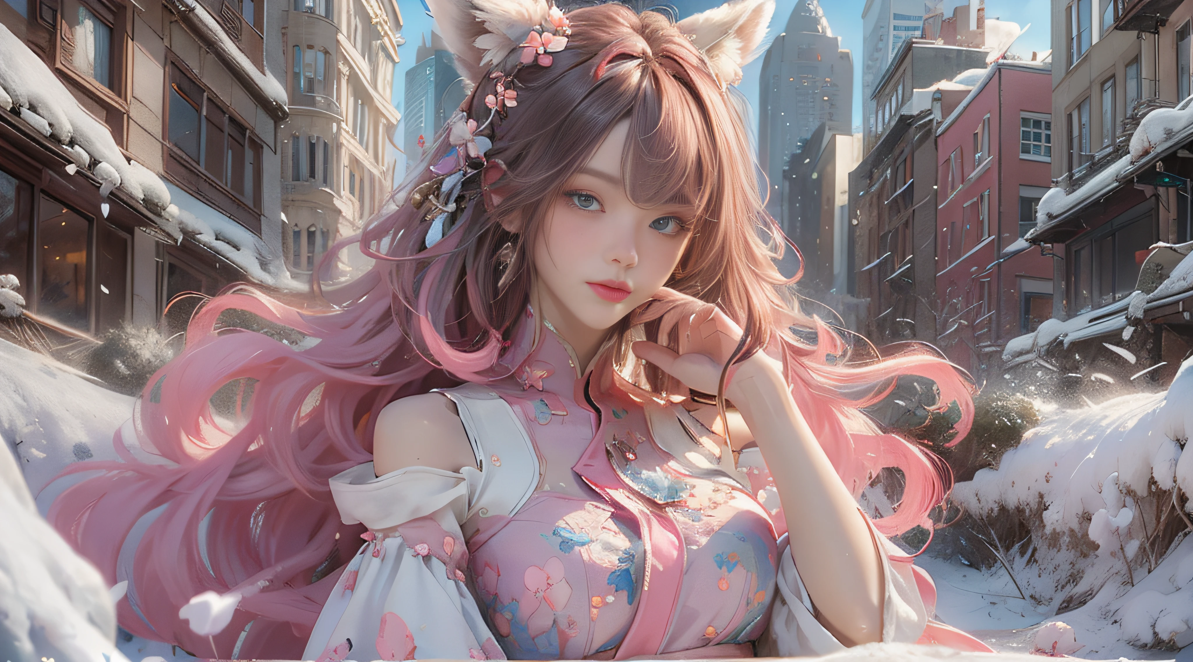 ((best qualtiy)), ((tmasterpiece)), (detail:1.4), Beautiful cyberpunk female images,hdr(HighDynamicRange),Ray traching,NVIDIA RTX,Hyper-Resolution,illusory 5,sub surface scattering,PBR textures,post-proces,Anisotropy Filtering,depth of fields,maximum definition and sharpness,Many-Layer Textures,Albedo e mapas Speculares,Surface coloring,Mitsu-Accurate simulation of material interactions,perfectly proportioned,rendering by octane,Two-colored light,largeaperture,Low ISO,White balance,Rule three points、8K raw data、Beautiful bright blue pupils,off-the-shoulder clothes,Fine pupils,Delicate face and eyes,long eyelasher,Blushlush,Delicate and fluffy hair,pink lip,Pure,Cute face,Sweet girl,Artistic sense,Casual wear,Advancedsense,butterflys,Cherry blossom petal,Beautiful hair accessories,Long hair and waist,Hair fluttering in the wind,Snow-white fox ears,curlies,Lots of white and pink,Complicated details