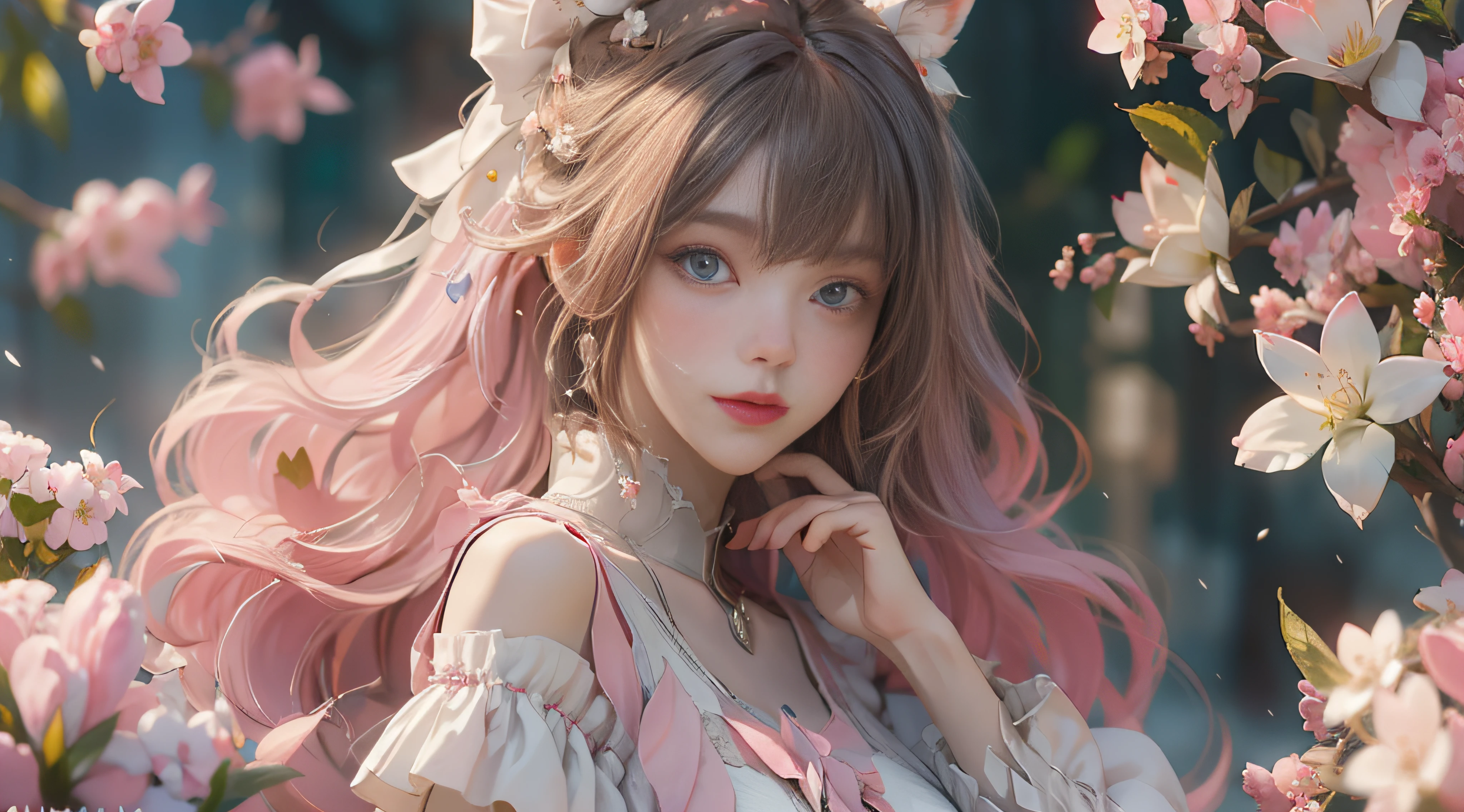 ((best qualtiy)), ((tmasterpiece)), (detail:1.4), Beautiful cyberpunk female images,hdr(HighDynamicRange),Ray traching,NVIDIA RTX,Hyper-Resolution,illusory 5,sub surface scattering,PBR textures,post-proces,Anisotropy Filtering,depth of fields,maximum definition and sharpness,Many-Layer Textures,Albedo e mapas Speculares,Surface coloring,Mitsu-Accurate simulation of material interactions,perfectly proportioned,rendering by octane,Two-colored light,largeaperture,Low ISO,White balance,Rule three points、8K raw data、Beautiful bright blue pupils,off-the-shoulder clothes,Fine pupils,Delicate face and eyes,long eyelasher,Blushlush,Delicate and fluffy hair,pink lip,Pure,Cute face,Sweet girl,Artistic sense,Casual wear,Advancedsense,butterflys,Cherry blossom petal,Beautiful hair accessories,Long hair and waist,Hair fluttering in the wind,Snow-white fox ears,curlies,Lots of white and pink,Complicated details