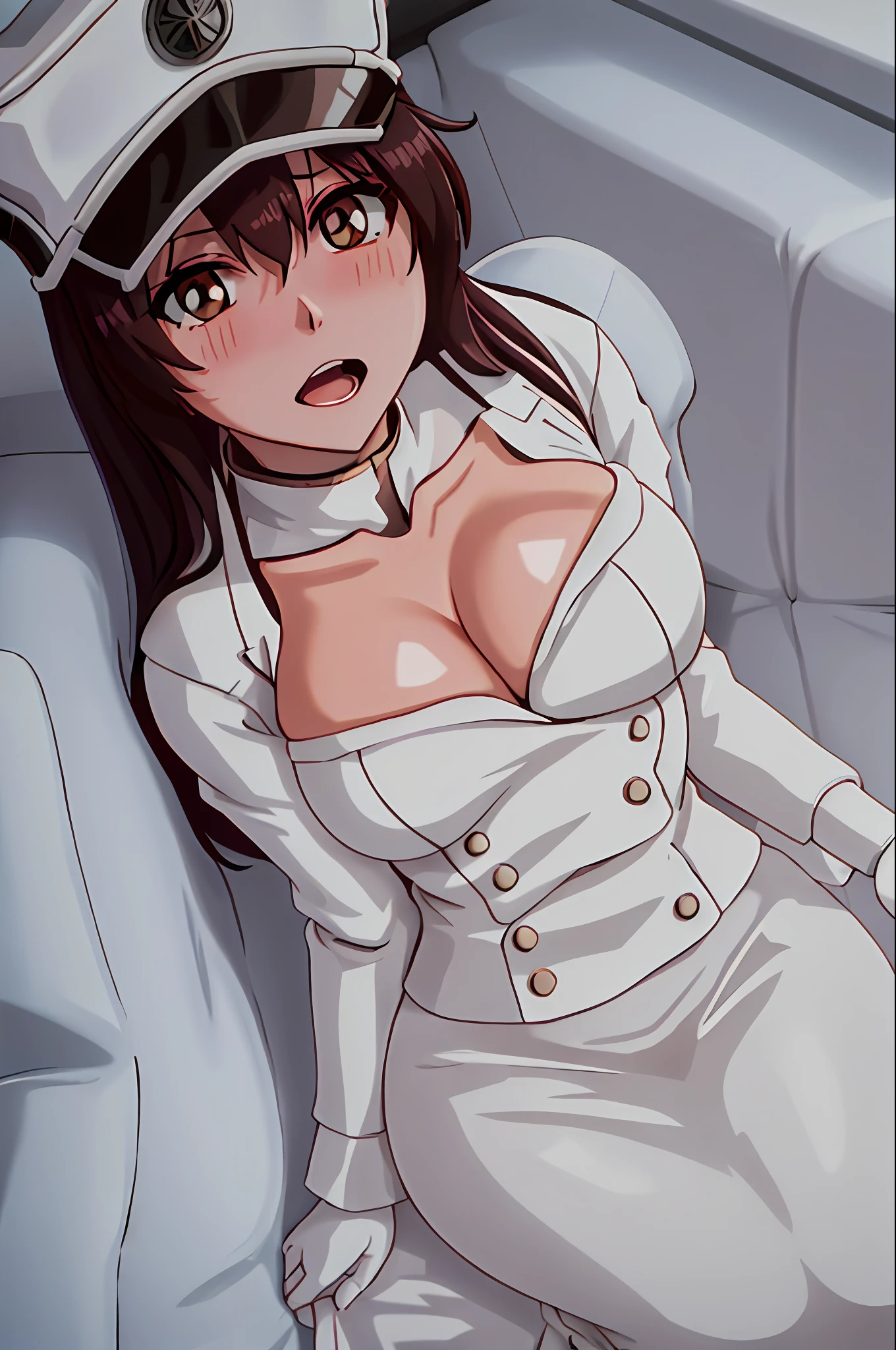 bambietta, sitting on sofa, blush, open mouth, deep brown eyes, hat, (white skirt), white military form, closed medium breasts | big breasts masterpiece, detailed, intricate details