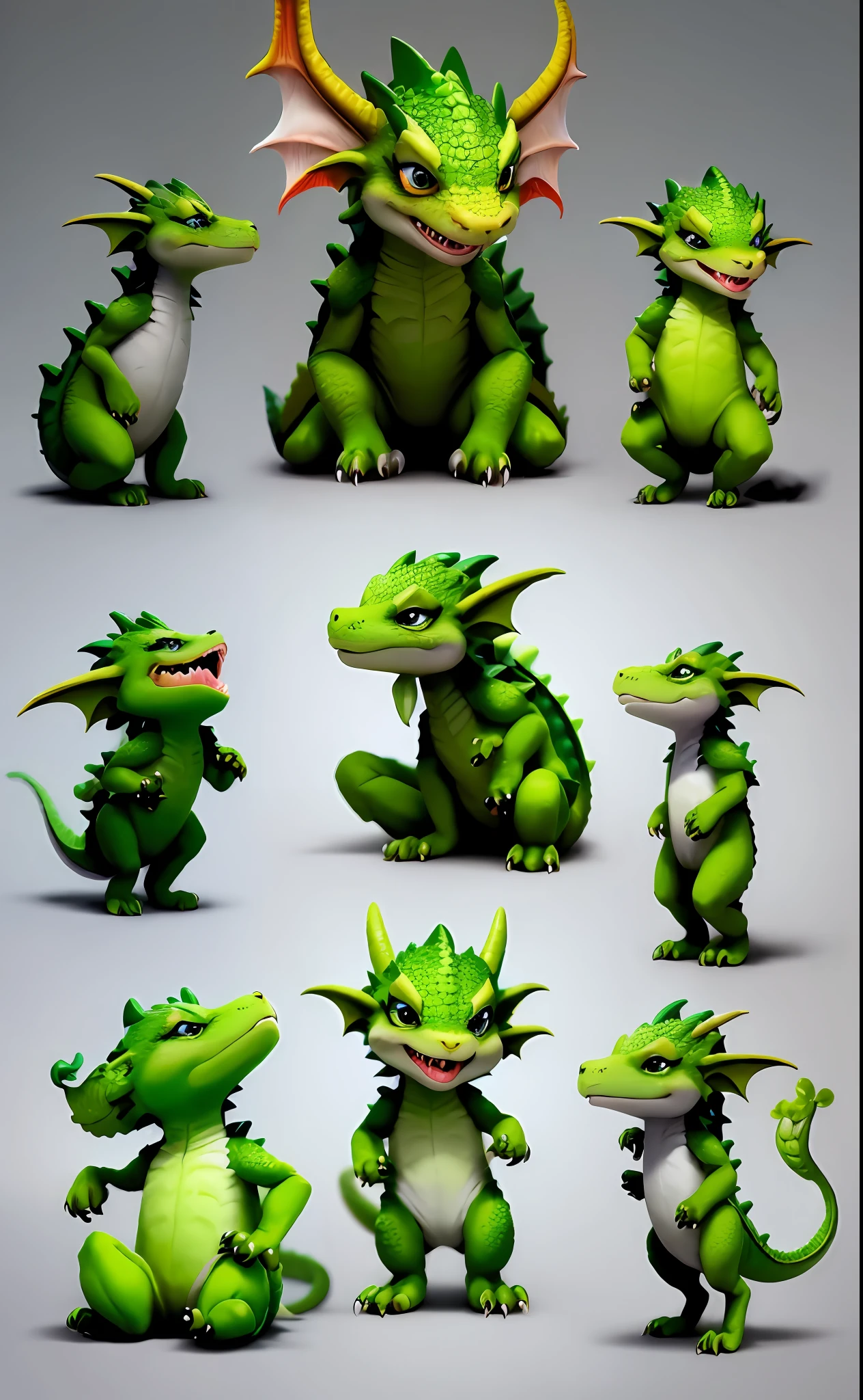 A cute dragon, pele verde.various poses and expressions, Children's book illustration style, simples. No children in the photo