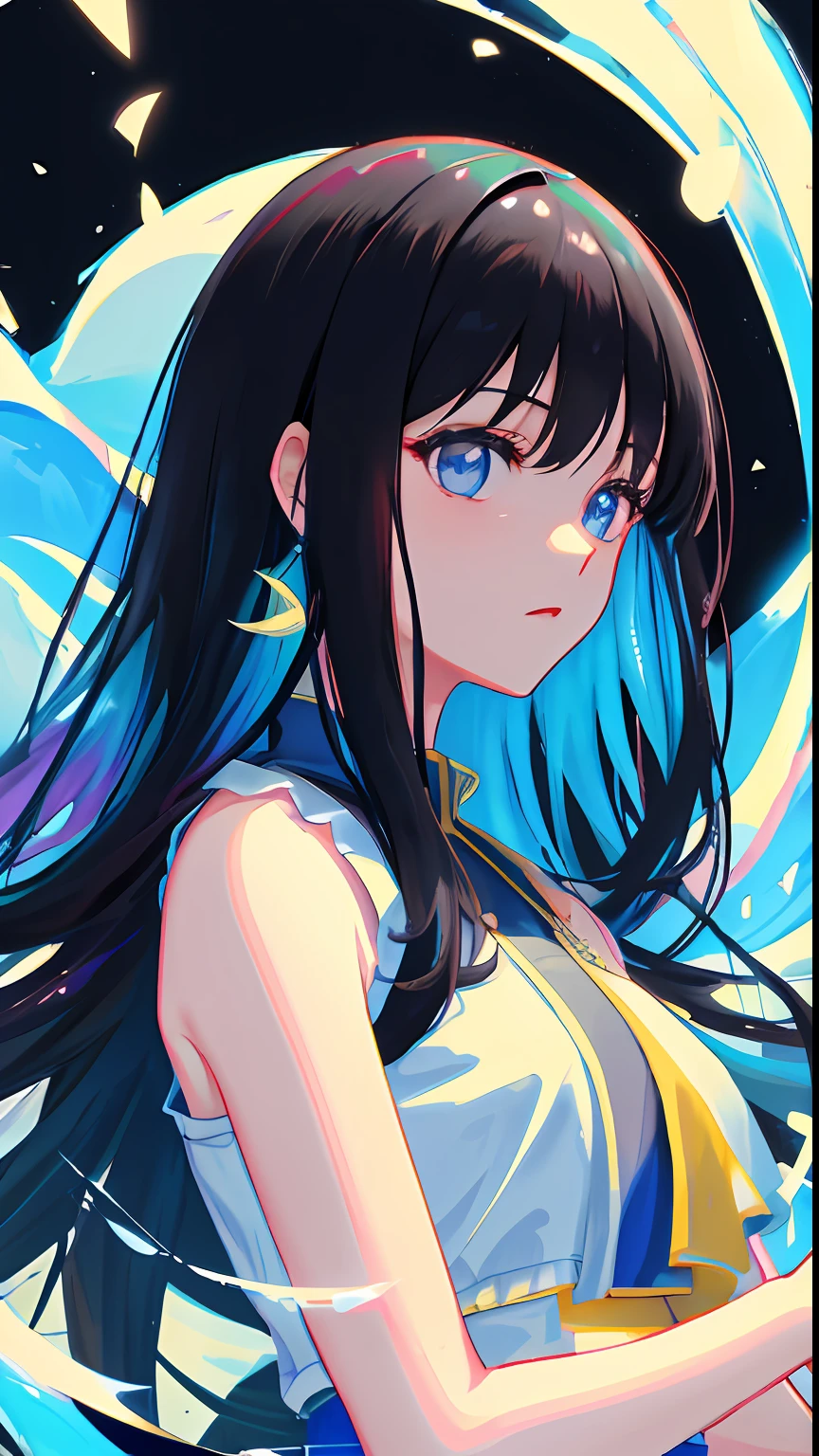 (masterpiece), (best quality), (ultra detailed),(disheed hair),(illustration), (1girl), (Fashionable clothing), standing, Fashion model, looking at viewer, (interview), (simple background),美丽细致的眼睛,Delicate and Pretty Face,afloat,(high saturated),(Colorful splashes),Colorful bubbles,(shine),focus onface,Ayaka Kamisato,black color hair,By bangs,Hair rings,Floating flowers,Floating hair。Kizi, anime waifu, looking at viewer, highly detailed, reflections transparent iridescent colors, long transparent iridescent RGB hair, artby Serafleur from artstation, thick acrylic,Illustration on pixiv,Portrait of waist up,gorgeous sacred girl,Best quality at best,ultra - detailed,grieves,clever,Nice face,Nice lighting on black background,The character style rendered by Octane,