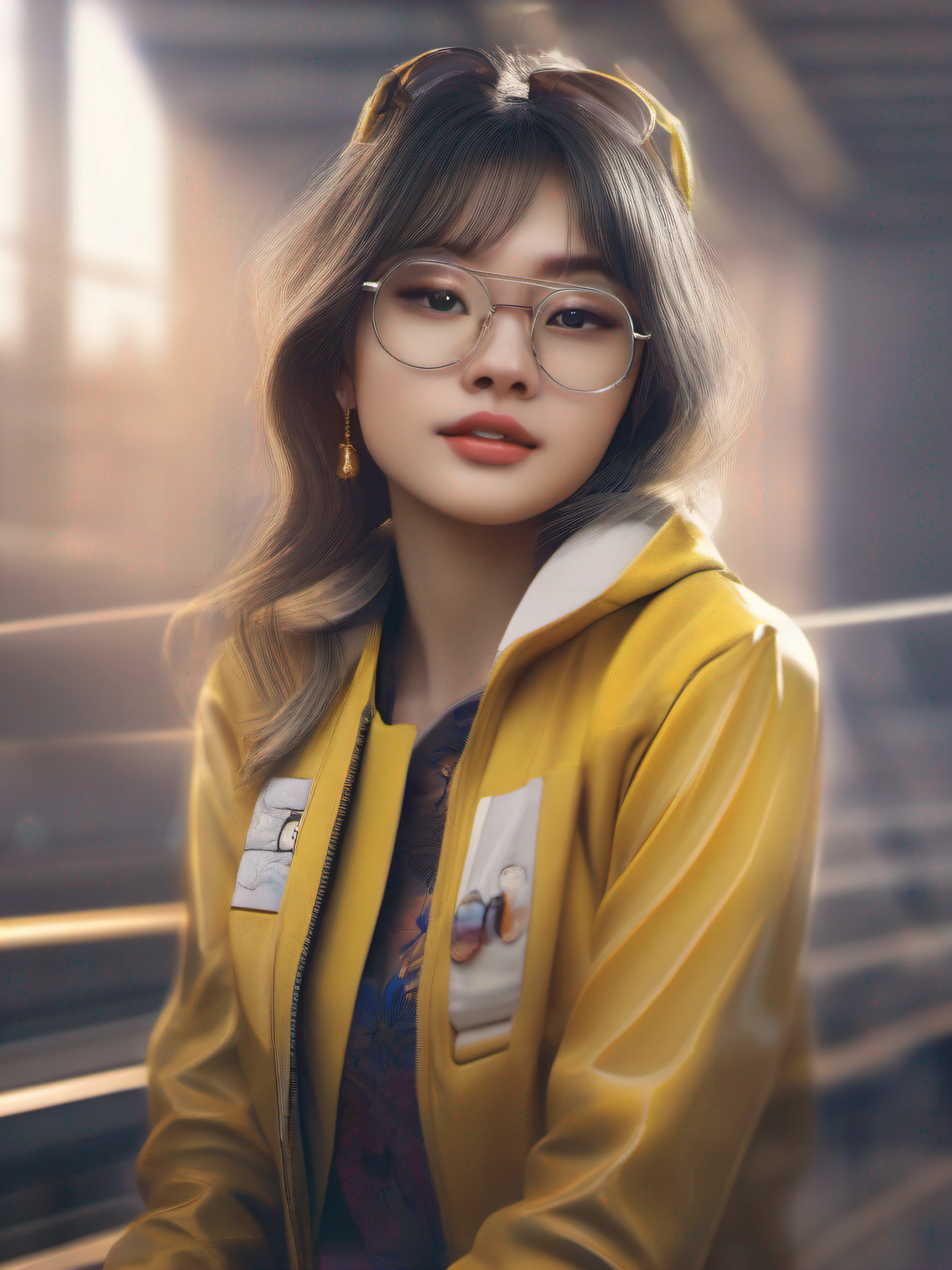 a close up of a woman with glasses and a yellow jacket, 8k portrait render, with very highly detailed face, soft portrait shot 8 k, highly detailed portrait, cinematic realistic portrait, ultra detailed portrait, realistic render, girl with glasses, highly detailed realistic face, high quality photorealism, high quality portrait, realistic face moody lighting, kpop idol, 1girl