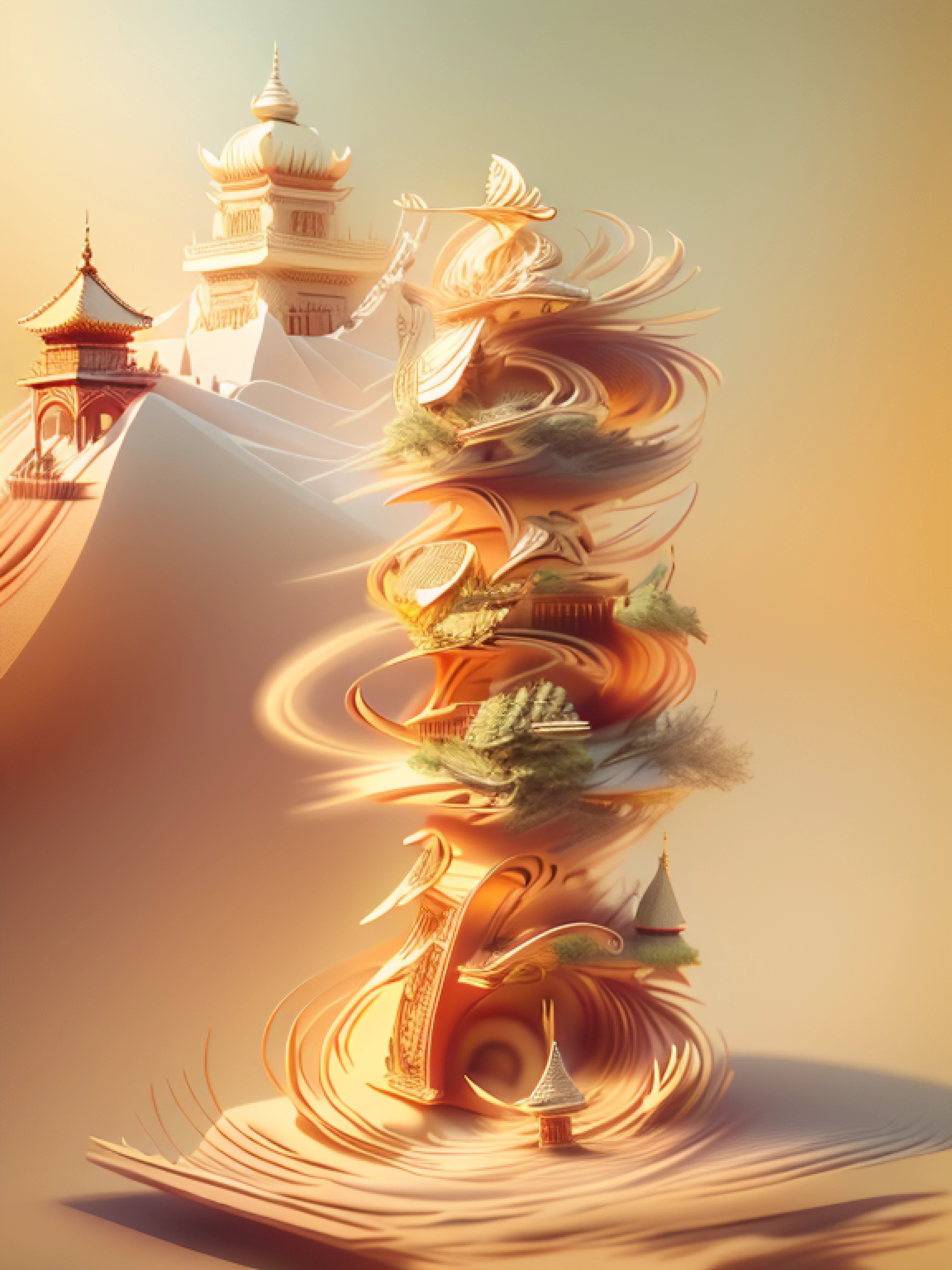 samurais,Mountains,Pavilions,a warm color palette,3D,Moire,Classical style,dunhuang