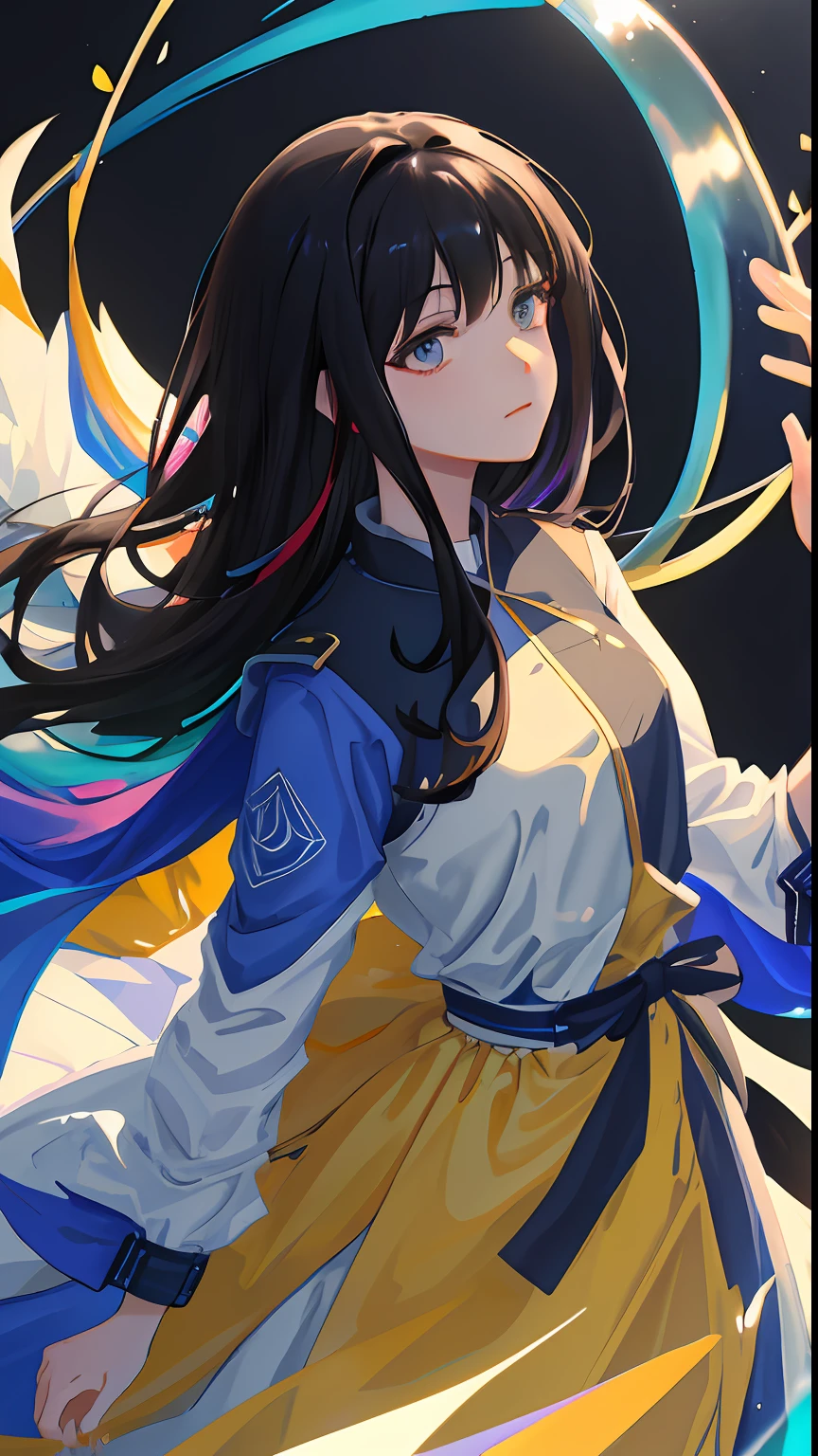 (masterpiece), (best quality), (ultra detailed),(disheed hair),(illustration), (1girl), (Fashionable clothing), standing, Fashion model, looking at viewer, (interview), (simple background),美丽细致的眼睛,Delicate and Pretty Face,afloat,(high saturated),(Colorful splashes),Colorful bubbles,(shine),focus onface,Ayaka Kamisato,black color hair,By bangs,Hair rings,Floating flowers,Floating hair。Kizi, anime waifu, looking at viewer, highly detailed, reflections transparent iridescent colors, long transparent iridescent RGB hair, artby Serafleur from artstation, thick acrylic,Illustration on pixiv,Portrait of waist up,gorgeous sacred girl,Best quality at best,ultra - detailed,grieves,clever,Nice face,Nice lighting on black background,The character style rendered by Octane,