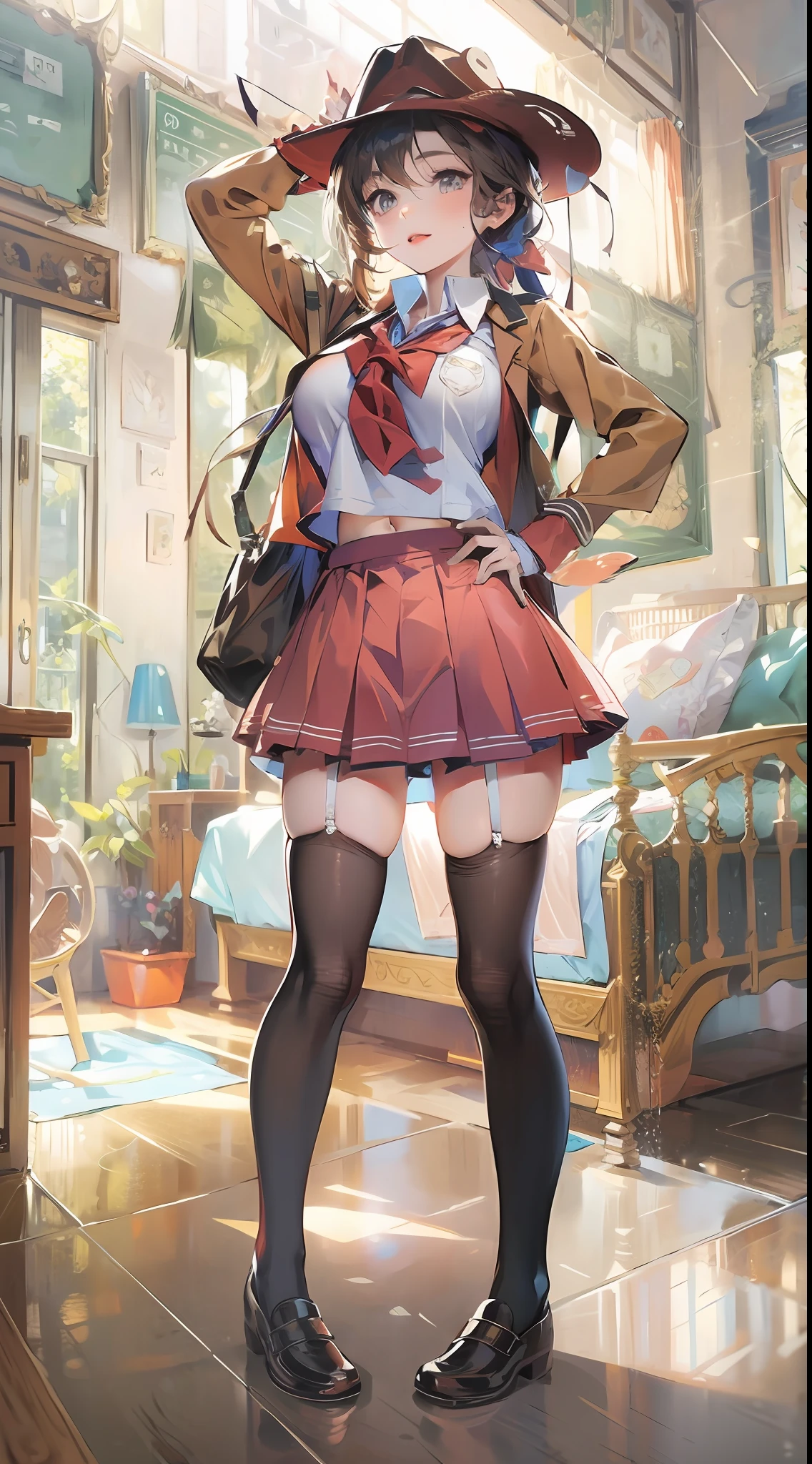 1girl,large breasts,midriff,
indoors,bedroom,standing,cowboy shot, ((school_uniform))