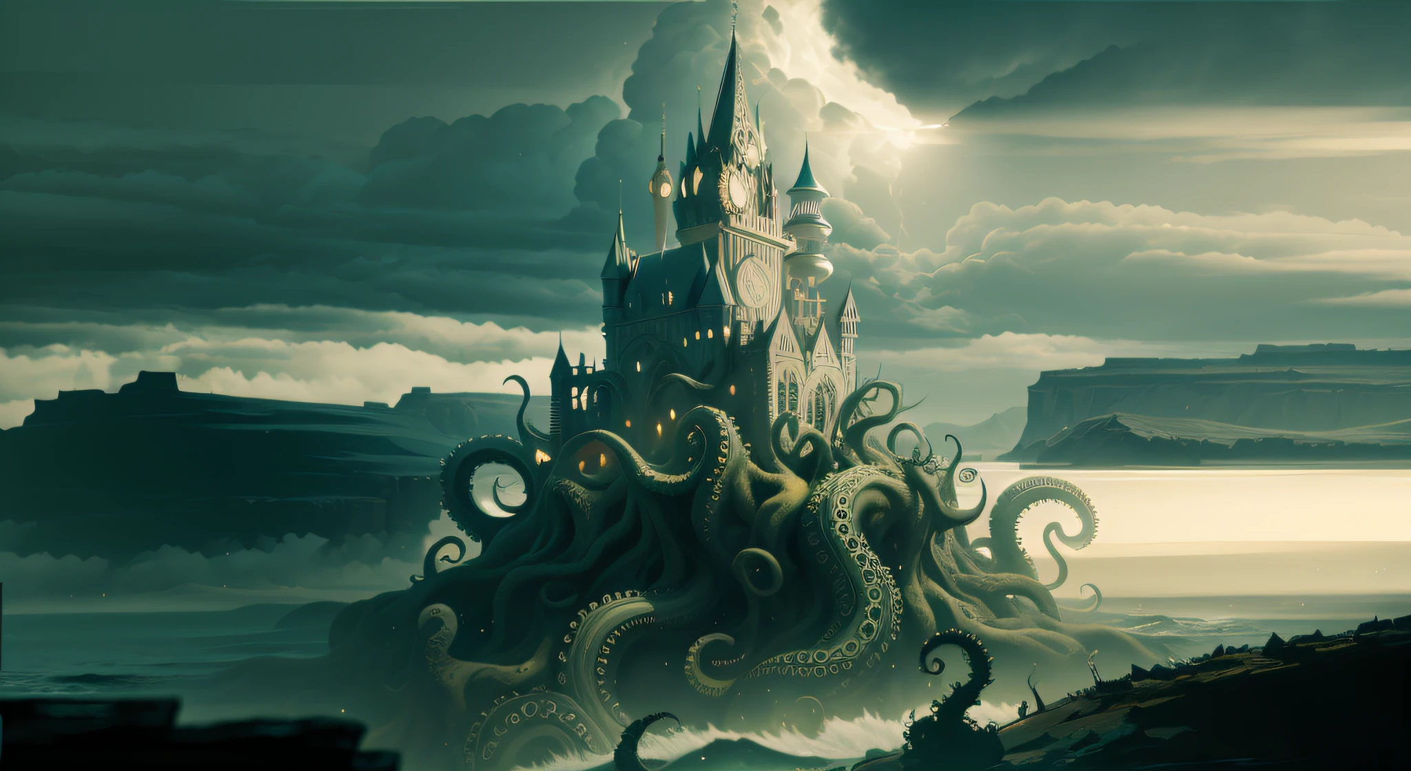 8k,Foto RAW,melhor qualidade, master part: 1.2, detalhes intrincados, papel de parede, ultra high-resolution), (Realistic), There is an image of a magnificent castle with octopus tentacles in the water and between mountains, Vouchers, desfiladeiros, penhascos, mar revolto, ondas grandes, ondas batendo nos rochedos, paisagem lovecraftiana, Fundo Lovecraftiano, detailed cinematic render, 8 k cg render, artistic work, alta qualidade, Inspirado em Lovecraft, inspirado em H.P. Lovecraft, Foto Cthulhu, lovecraftian inspiration, Lula de Cthulhu, lovecraft illustration, Atmosfera lovecraftiana, Onde os horrores lovecraftianos vagam, lovecraft horror, Arte Lovecraft, leviathan cthulhu squid, sombrio, aterrorizante, mas bonito, um sonho, pesadelo.