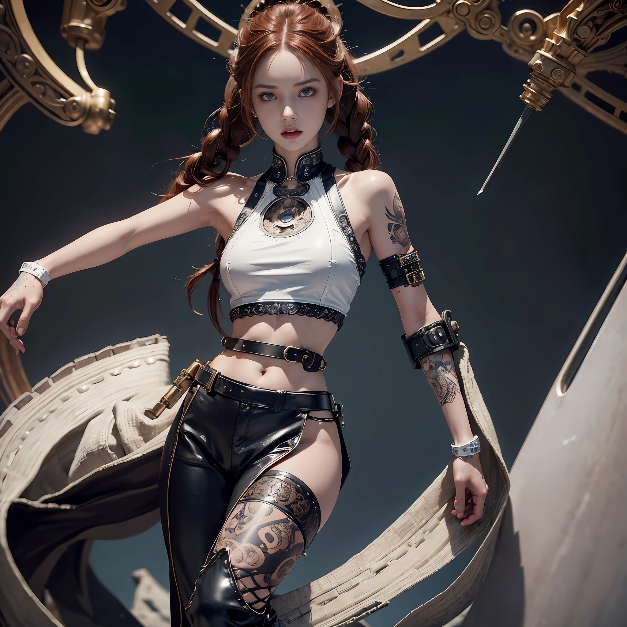 an steampunk girl at a party, (white crop top:1.2), small breast, black and blue leather, tattoo, hyper detailed, ultra sharp, long auburn hair in braids, 8k, (insanely detailed:1.5), full body photograph, 20 megapixel, canon eos r3, detailed skin, pale skin