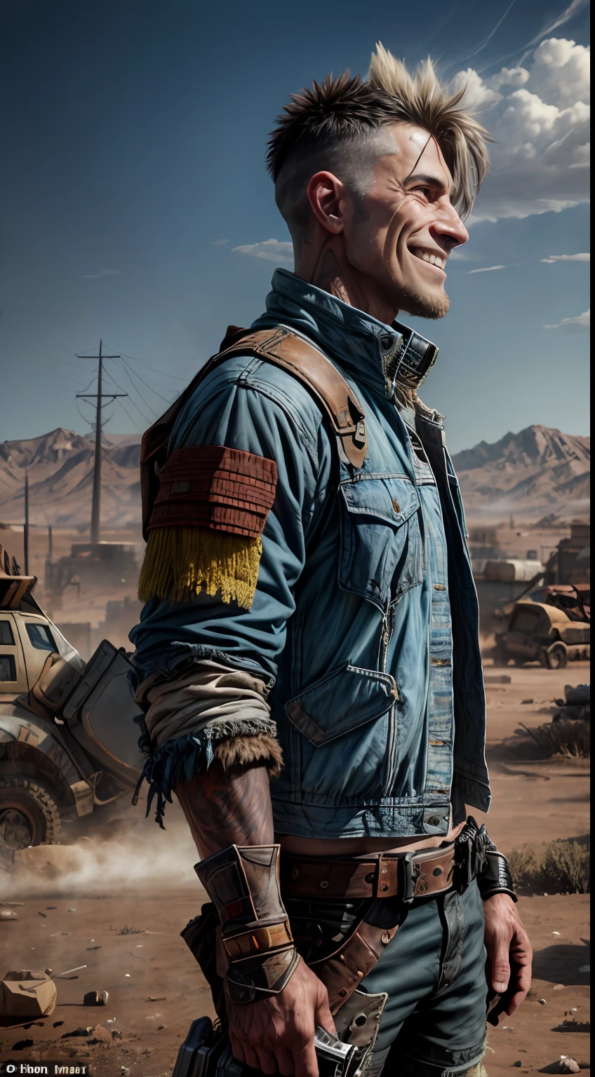 A Punk from the Wasteland stands in the middle of the Wasteland (((portraite of a, a closeup of a, Smiling), profile, sideways)), engulfed in swirling dust storms. The camera zooms in on a man, capturing the intensity in his eyes, when he looks into the distance. The details of his weathered clothes and makeshift armor become clearer with each zoom, Patchwork quilt made of materials, sewn together. When the zoom reaches its peak, The focus shifts to his hands, who hold disposed weapons in their hands, demonstration of the character's resourcefulness and survival skills. The hint is implemented in the style of 3D sculpture, Using a combination of modeling and texturing techniques to bring the character and environment to life.