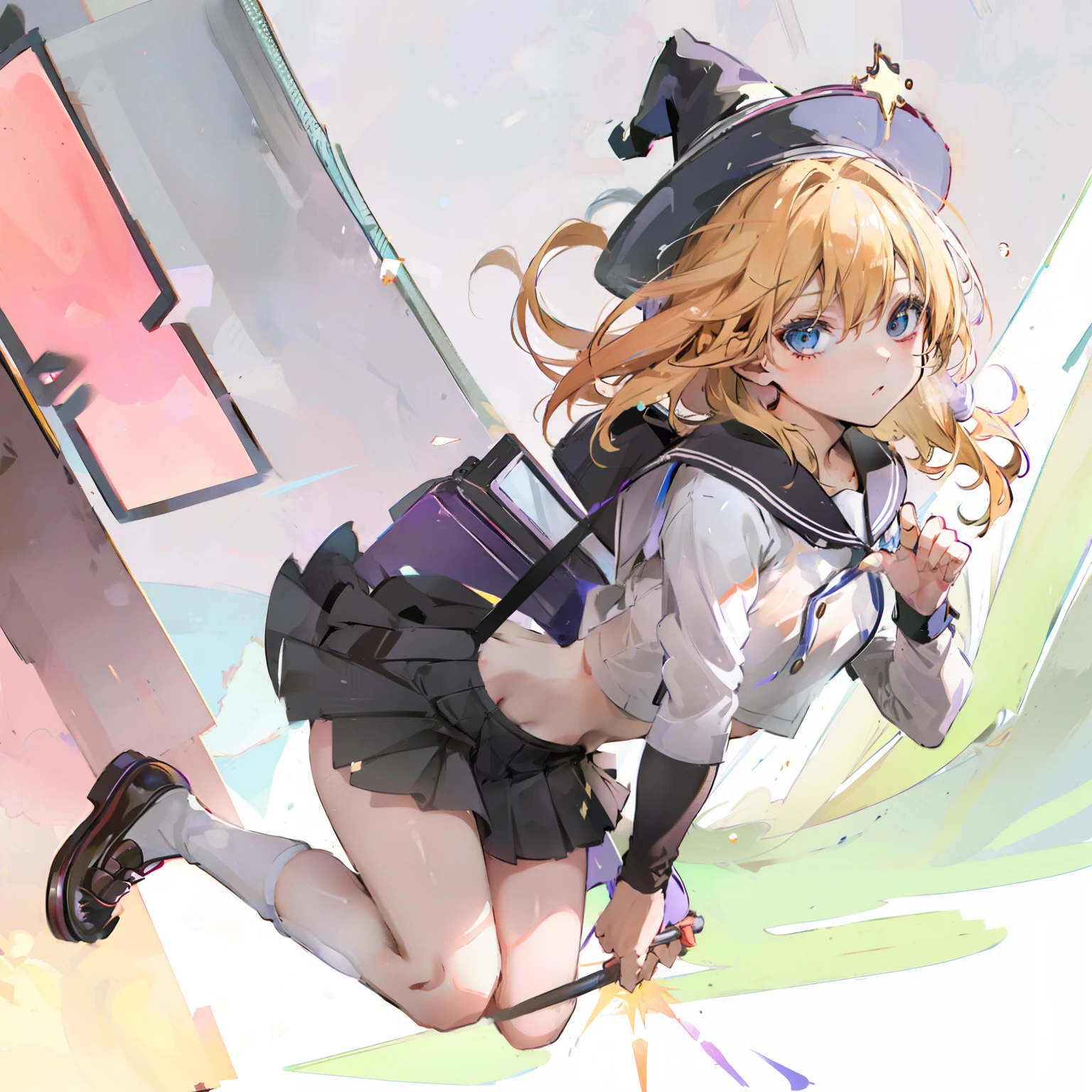 Cartoon of a woman holding a witch hat and backpack in the air, 1girl in, Solo, Marisa Drizzle, School uniform, Just flat, The hair , Skirt, shoes, serafuku, sox, mary janes, White background, Simple background, alternate costume, Long sleeves, a blond, upper bod, Looking at Viewer, Long hair