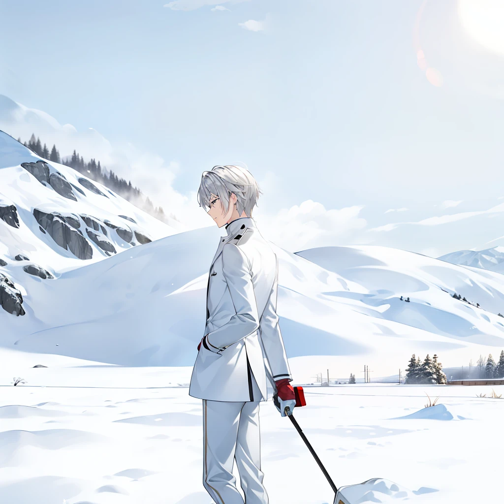snow field,Boy,White suit,18yr old,Silvery hair