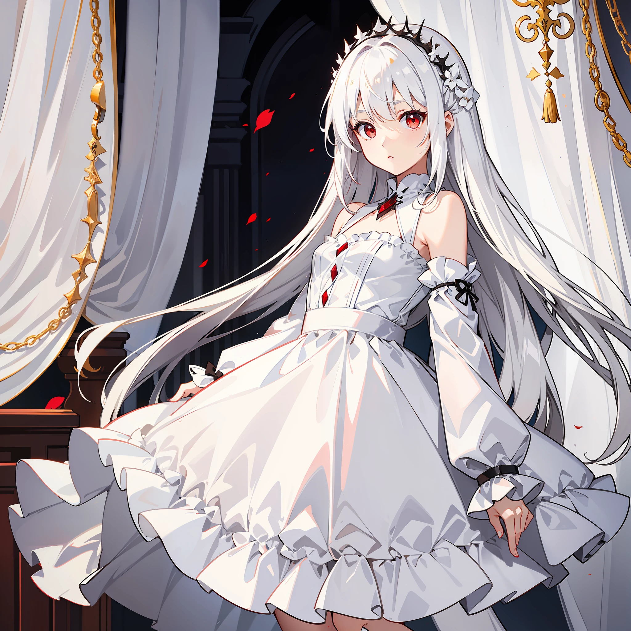 A white hair, Dark red eyes,Petite girl in a pure white dress