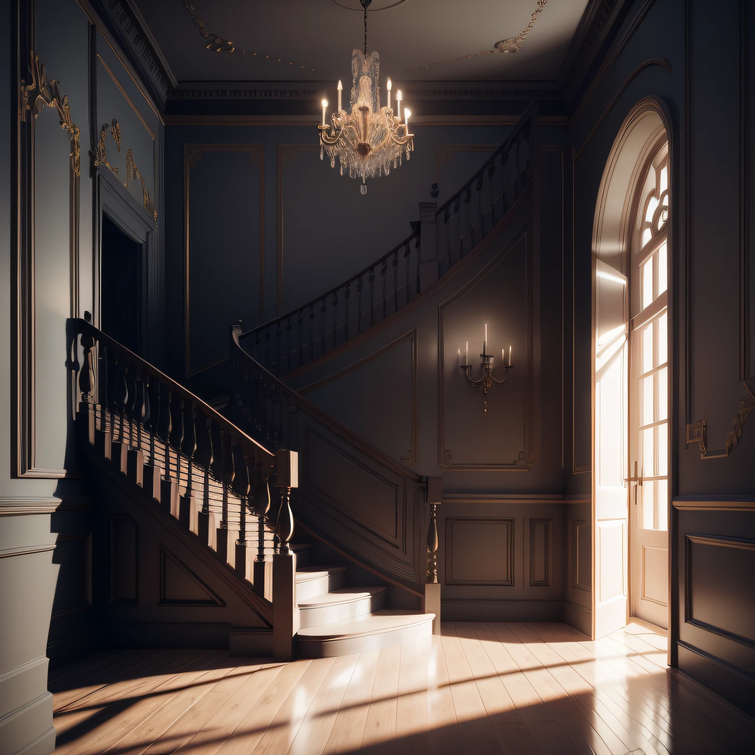 There is a staircase leading to the first floor of the house, Ray traced image of Daniel Siggs, polycount contest winner, baroque, Made with Unreal Engine, Cinematic lighting + Masterpiece, made in unreal engine 4, render in unreal engine 5, Beautiful and cinematic lighting, created in unreal engine 5, made in unreal engine, A cinematic lighting masterpiece