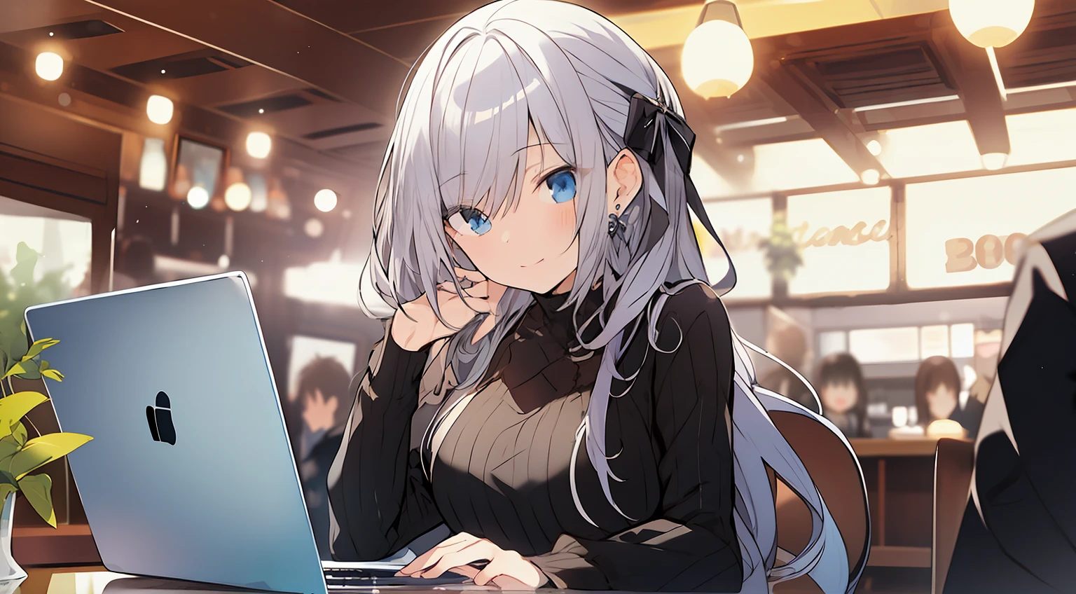 in a cafe、use a laptop、Beauty woman、Beautiful adult woman、serious facial expression、pixiv、Illustration style、top-quality、Delicate drawing、Approximately 25 years old、独奏、Beautiful fece、The upper part of the body、Wearing a suit、wide angles、animesque、hightquality、handwriting、handwriting、Extremely fine、anime styled