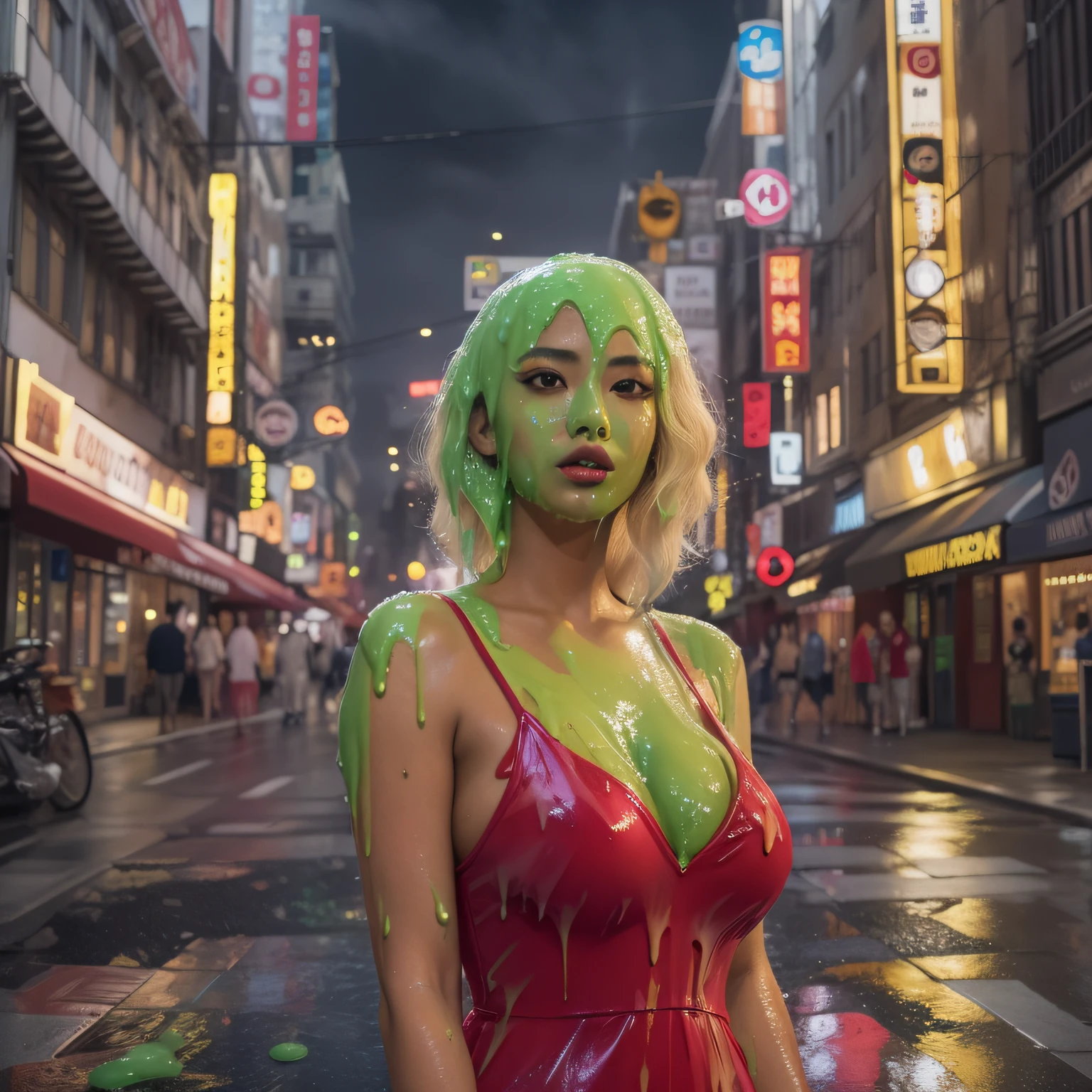 8k, hd, masterpiece, CG unity, ultra detailed, hyper realistic, extreme realism, 21-year-old Japanese model, 1 woman, tan skin, thick eyeliner, long eyelashes, red lipstick, short wavy hair, blonde hair, skimp dress, cleavage, city street, (slime dripping down head: 1.2)