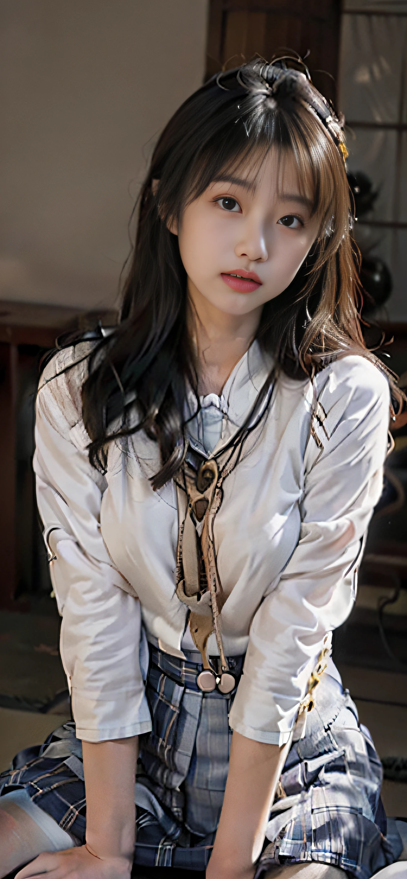 ulzzang-6500-v1.1, (raw photo:1.2), (photorealistic:1.4), beautiful detailed girl, very detailed eyes and face, beautiful detailed eyes, ridiculous, incredibly ridiculous, huge file size, super detailed, high resolution, very detailed, best quality, masterpiece, kemomimi, ((Japanese girls' high school uniform)), illustration, very detailed, CG, unified, 8k wallpaper, amazing, Fine details, masterpiece, best quality, very detailed CG uniform 8k wallpaper, light on face, cinematic lighting, 1girl, , ((no panties)), ((dynamic pose))), (camel toe), (half), (pantyhose), (knee-bending leg sitting))