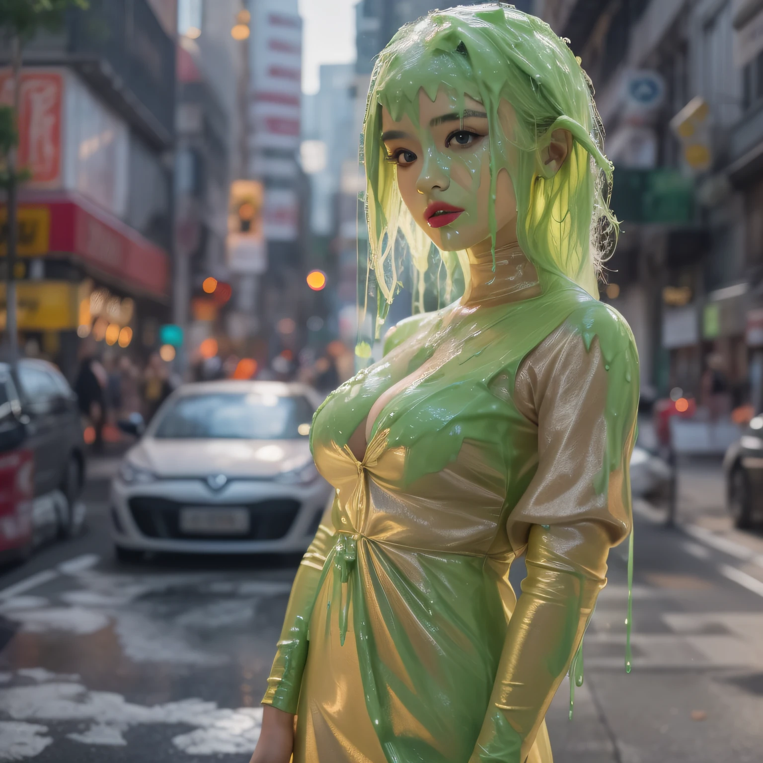 8k, hd, masterpiece, CG unity, ultra detailed, hyper realistic, extreme realism, 21-year-old Japanese model, 1 woman, tan skin, thick eyeliner, long eyelashes, red lipstick, short wavy hair, blonde hair, skimp dress, cleavage, city street, (slime dripping down head: 1.2)