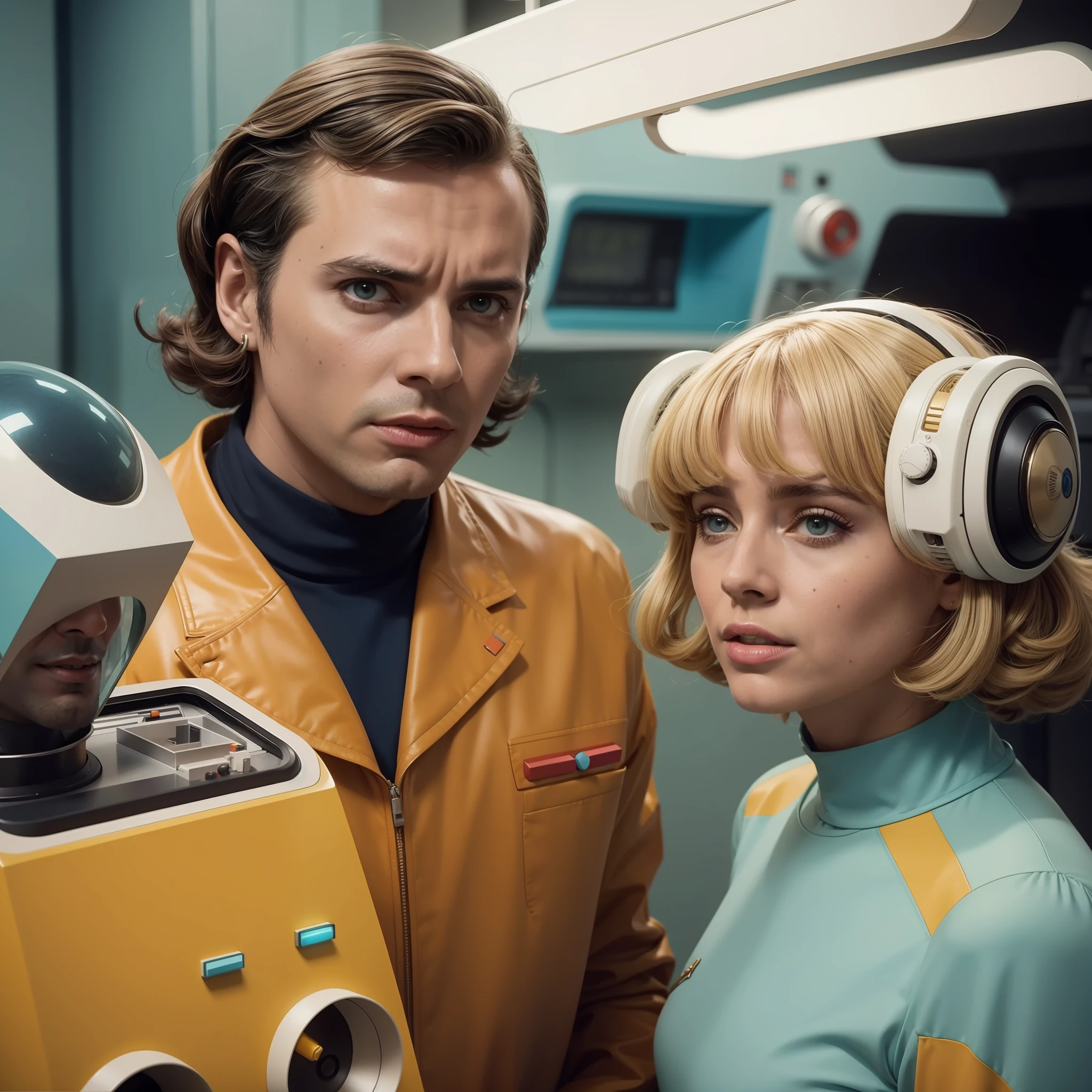 4k image from a 1970s science fiction film, imagem real, Estilo Wes Anderson, pastels colors, a man and a woman wearing retro-futuristic fashion clothes and futuristic technological ornaments and devices, Luz Natural, cinemactic, Psicodelia, futurista estranho, retro-futurista,