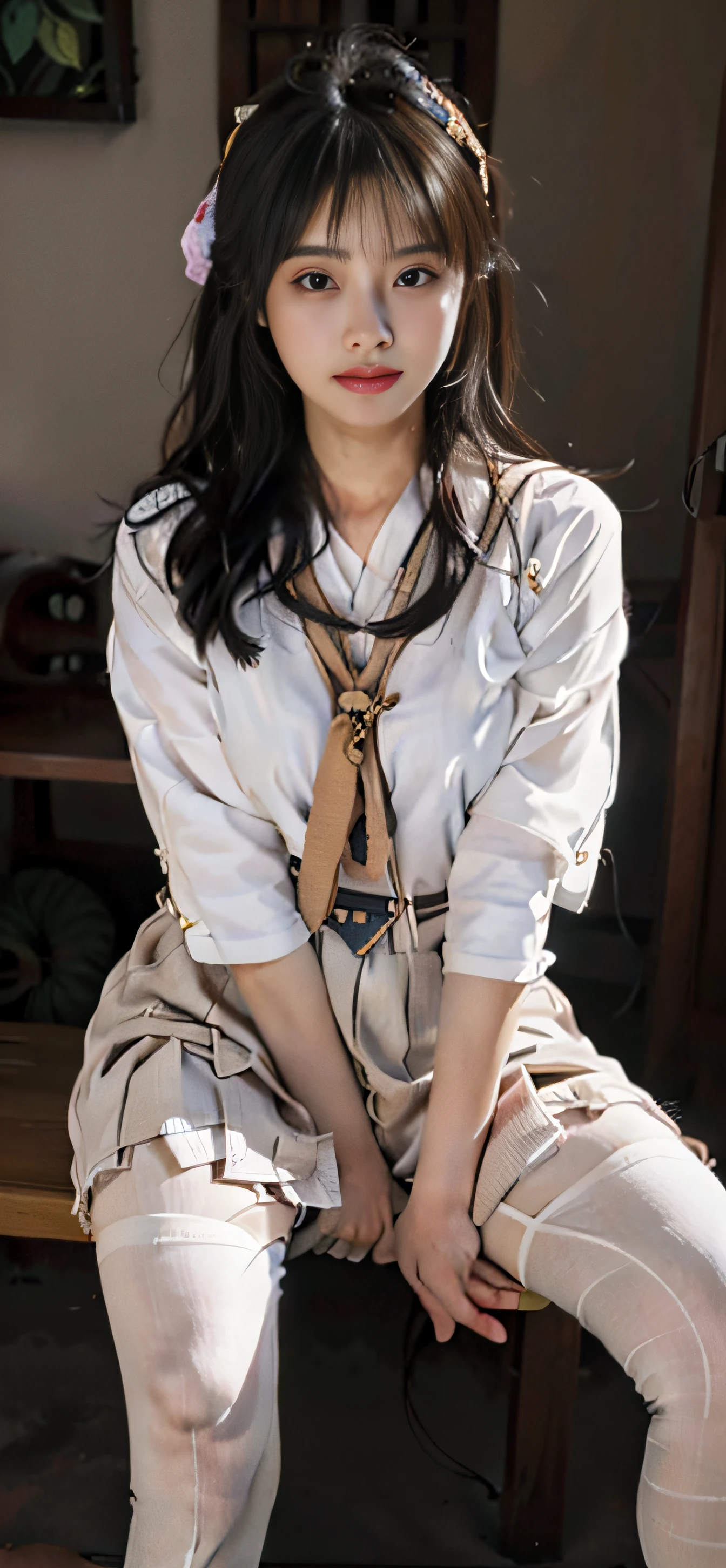ulzzang-6500-v1.1, (raw photo:1.2), (photorealistic:1.4), beautiful detailed girl, very detailed eyes and face, beautiful detailed eyes, ridiculous, incredibly ridiculous, huge file size, super detailed, high resolution, very detailed, best quality, masterpiece, kemomimi, ((Japanese girls' high school uniform)), illustration, very detailed, CG, unified, 8k wallpaper, amazing, Fine details, masterpiece, best quality, very detailed CG uniform 8k wallpaper, light on face, cinematic lighting, 1girl, 16 years old, ((no panties)), ((dynamic pose))), (camel toe), (half), (pantyhose), (knee-bending leg sitting))