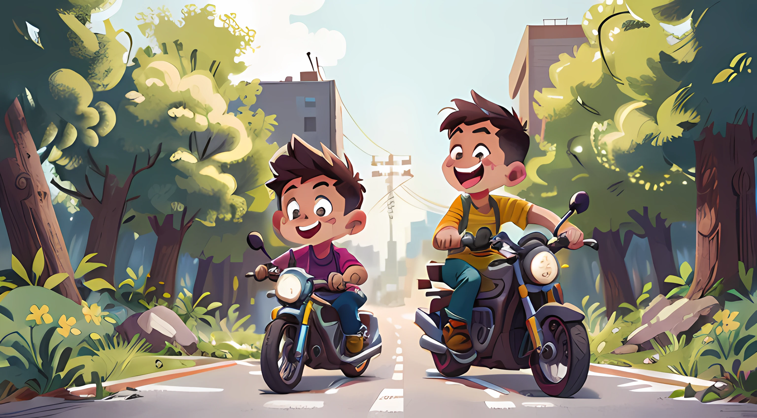 Flat illustration,On the side of the road,A young man laughs on a gray electric motorcycle,Another young man looked at it with a laugh,Medium Shot Shot,8K,perfect detail