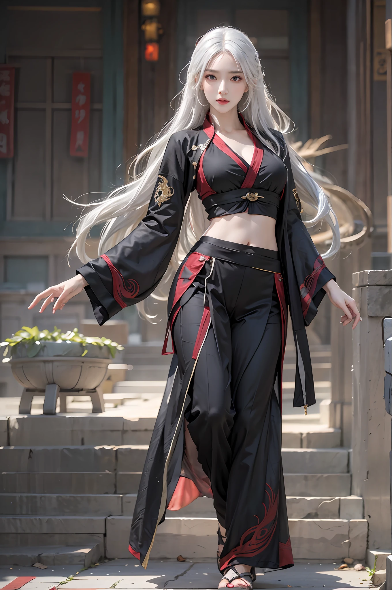 photorealistic, high resolution, 1 women, solo, hips up, look at viewer, (detailed face), white hair, long hair, medium breasts, black kungfu clothes