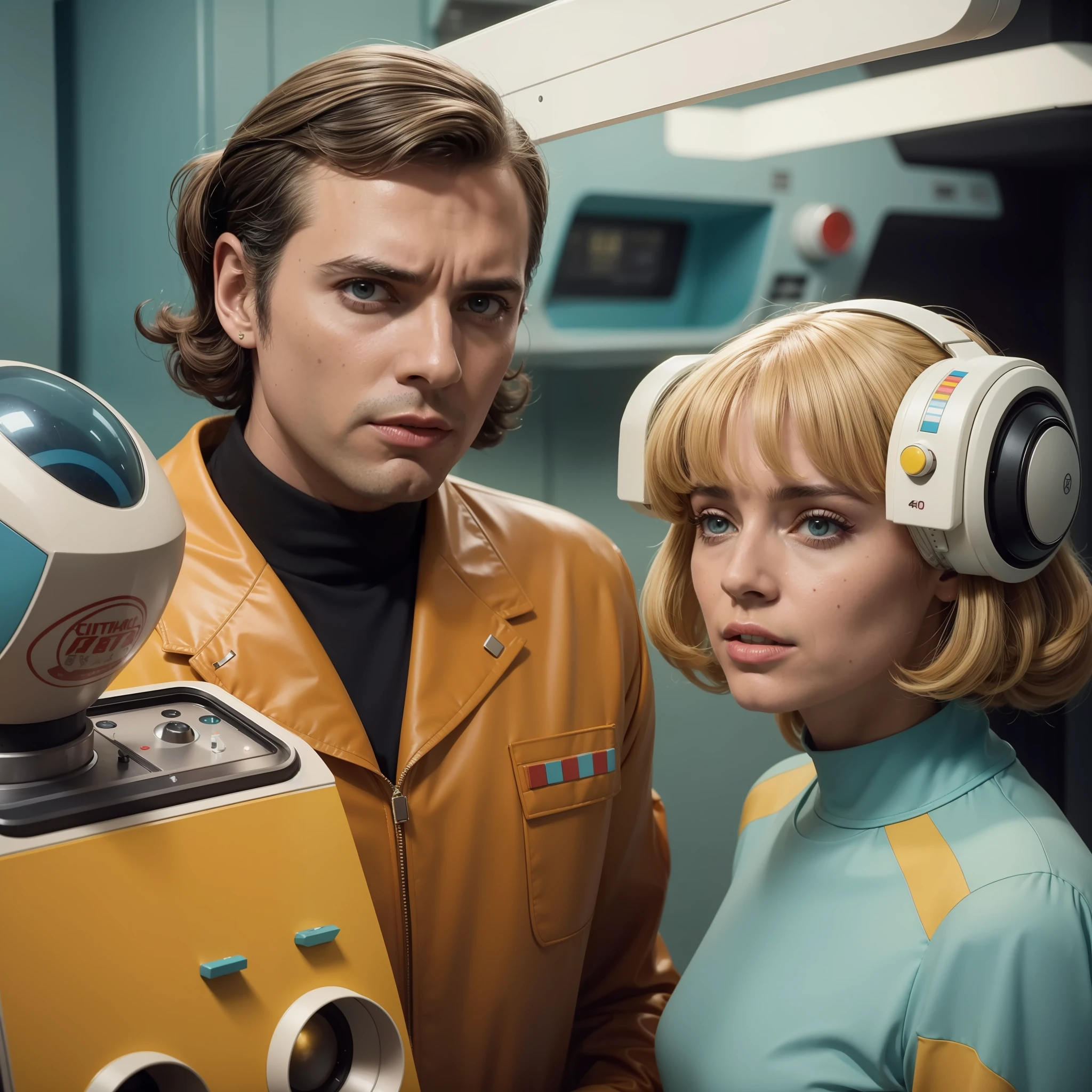 4k image from a 1970s science fiction film, imagem real, Estilo Wes Anderson, pastels colors, a man and a woman wearing retro-futuristic fashion clothes and futuristic technological ornaments and devices, Luz Natural, cinemactic, Psicodelia, futurista estranho, retro-futurista,