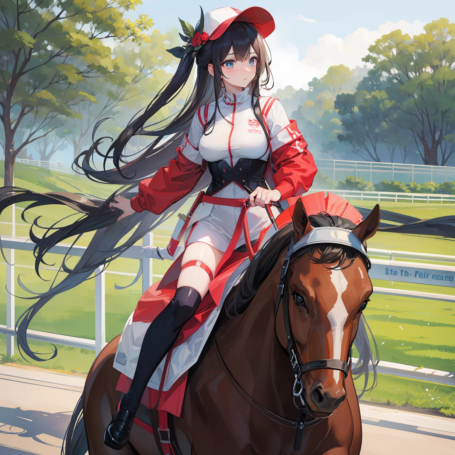 Beautiful woman riding a racehorse。