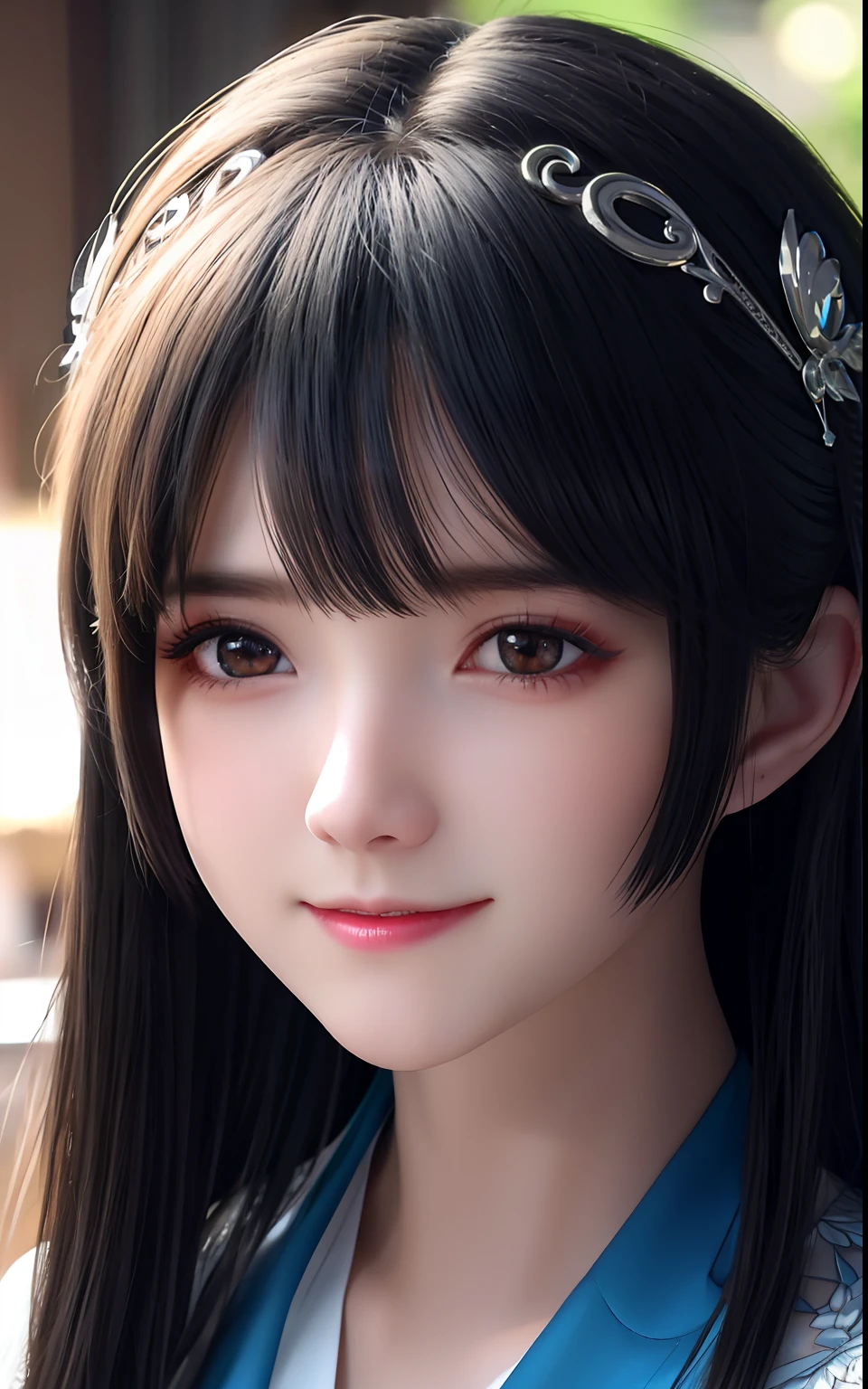 silber hair、ulzzang -6500-v1.1, (Photorealsitic:1.4), animesque、anime styled、ssmile、portraitures、Beautiful, Moist eyes like clear glass、Beautiful detailed woman, extremely detailed eye and face, Beautiful detailed eyes,huge filesize, ultra-detailliert, hight resolution, ighly detailed, top-quality, masterpiece, illustratio, ighly detailed, nffsw, unification, 8k wallpaper, splendid, finely detail, masterpiece, top-quality, Highly detailed ticker uniform 8K wallpaper, Light on the Face、电影灯光、19-year-old girl