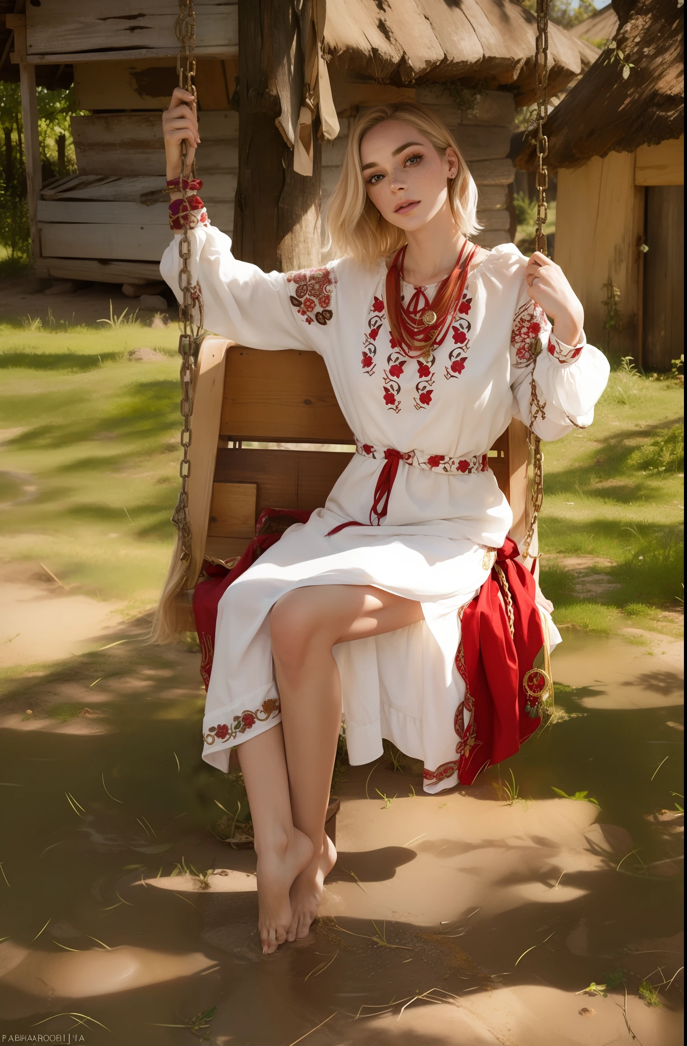 Rosto de uma mulher, americana, 25 anos, pale skin and freckles, olhos cinzas, nariz delicado, soft and delicate lips, cabelo blondie cinza longo e ondulado, ultrarrealista HD fotorrealista altamente renderizado sorriso cativante, chain with gold medallions and purple ribbons