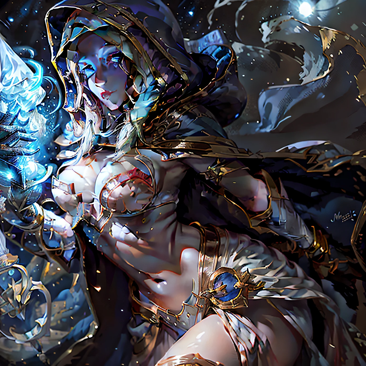 Young and beautiful night elf woman, slender, beautiful face, staff in hand, wearing white hooded cape, vast starry sky, moon