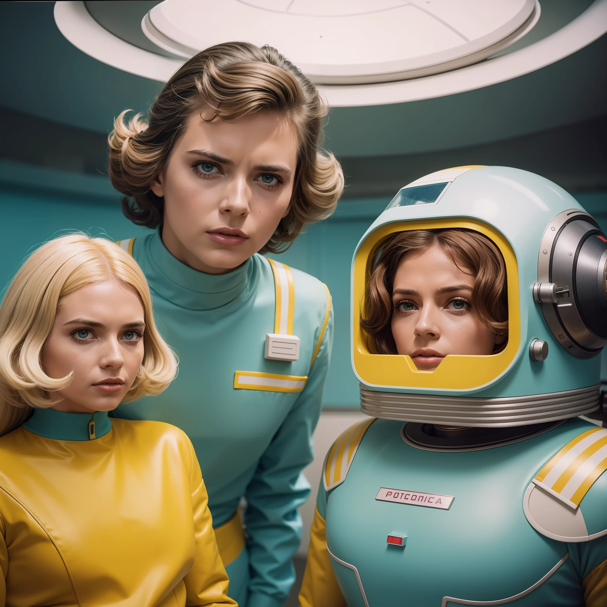 4k image from a 1970s science fiction film, imagem real, Estilo Wes Anderson, pastels colors, a man in the middle of two women wearing retro-futuristic fashion clothes and futuristic ornaments and technological devices, Luz Natural, cinemactic, Psicodelia, futurista estranho, retro-futurista,