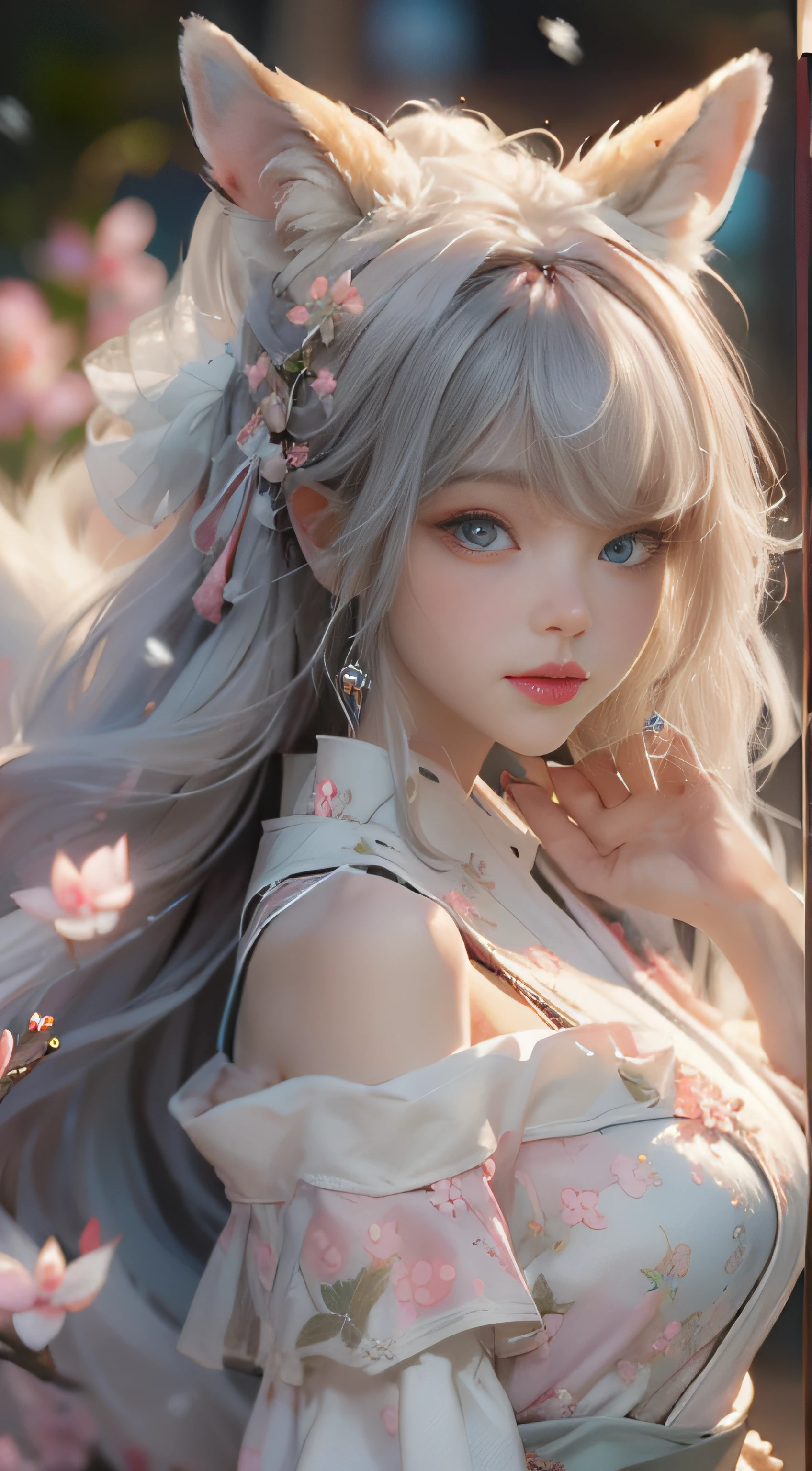 （（best qualtiy））， （（tmasterpiece））， （detail：1.4）， Beautiful cyberpunk female images，hdr（HighDynamicRange），Ray traching，NVIDIA RTX，Hyper-Resolution，illusory 5，sub surface scattering，PBR textures，post-proces，Anisotropy Filtering，depth of fields，maximum definition and sharpness，Many-Layer Textures，Albedo e mapas Speculares，Surface coloring，Mitsu-Accurate simulation of material interactions，perfectly proportioned，rendering by octane，Two-colored light，largeaperture，Low ISO，White balance，Rule three points、8K raw data、Beautiful bright blue pupils，off-the-shoulder clothes，Fine pupils，Delicate face and eyes，long eyelasher，Blushlush，Delicate and fluffy hair，pink lip，Pure，Cute face，Sweet girl，Artistic sense，Casual wear，Advancedsense，butterflys，Cherry blossom petal，Beautiful hair accessories，Long hair and waist，Hair fluttering in the wind，Snow-white fox ears，curlies，Snow-white fluffy tail，Positive light，The light from the back window is backlighted